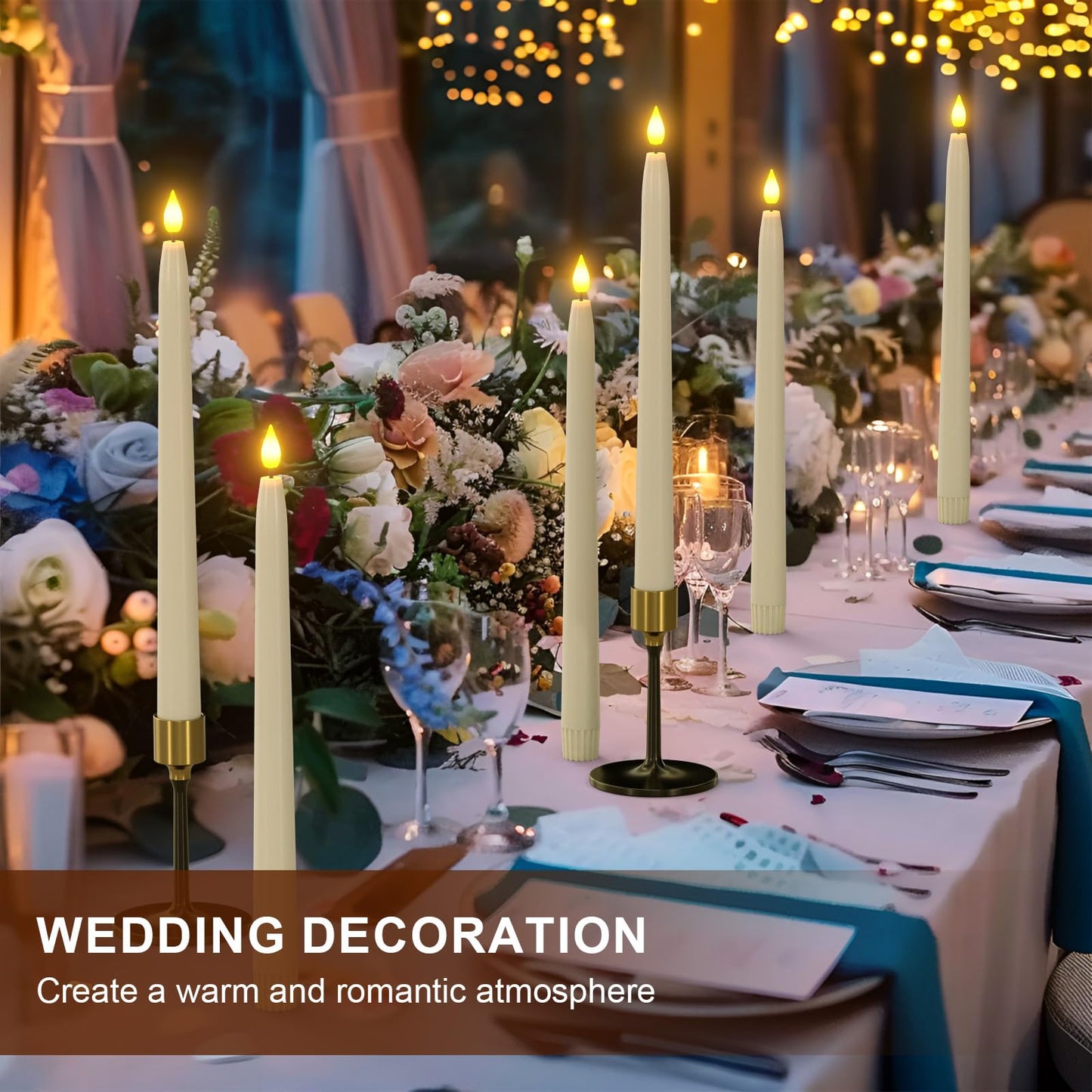Yme 10pcs LED Ivory Taper Candles with Timer and Remote, Plastic Window Candles with Warm White Light Battery Operated for Candlesticks Wedding Halloween Christmas Decorations
