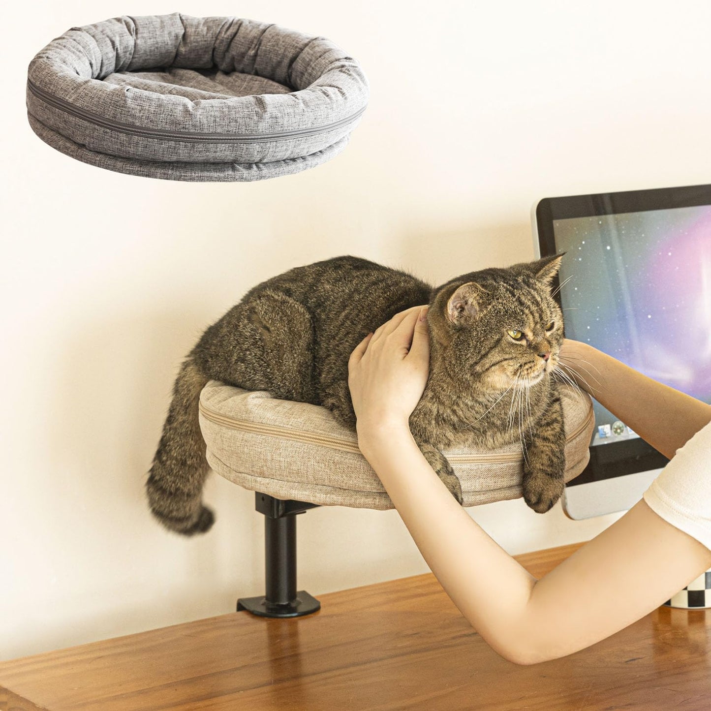 ZBUQ Adjustable Cat Bed Hammock for Desk, Under Desk Pet Resting Cradle, Indoor Cat Sleeping Lounger
