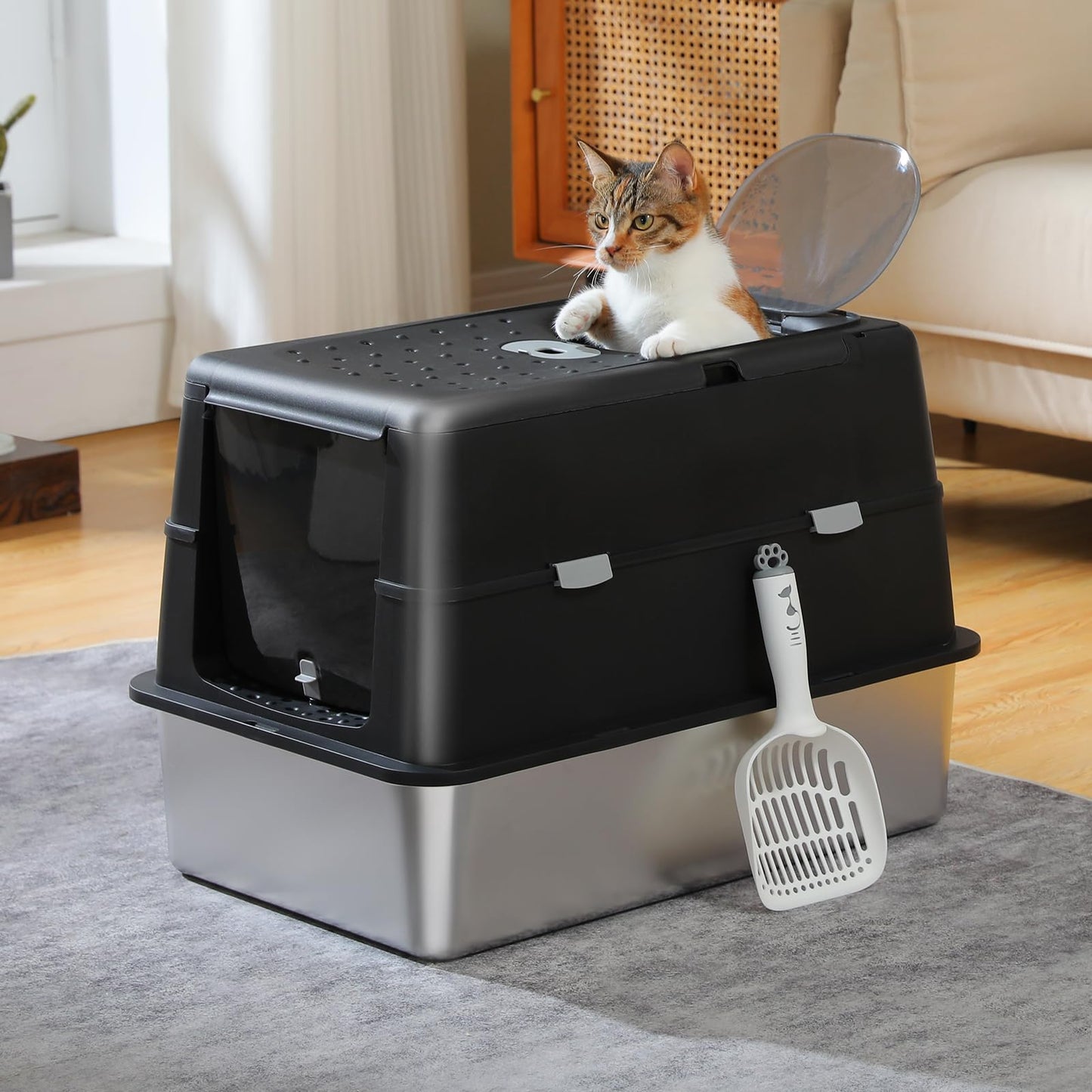 PAWZ Road Stainless Steel Cat Litter Box, Large Enclosed Litter Box with Front & Top Entry, Non-Sticky Metal Bottom with High Sides and Scoop, Easy to Clean, Anti-Leakage for Large Cats,Black