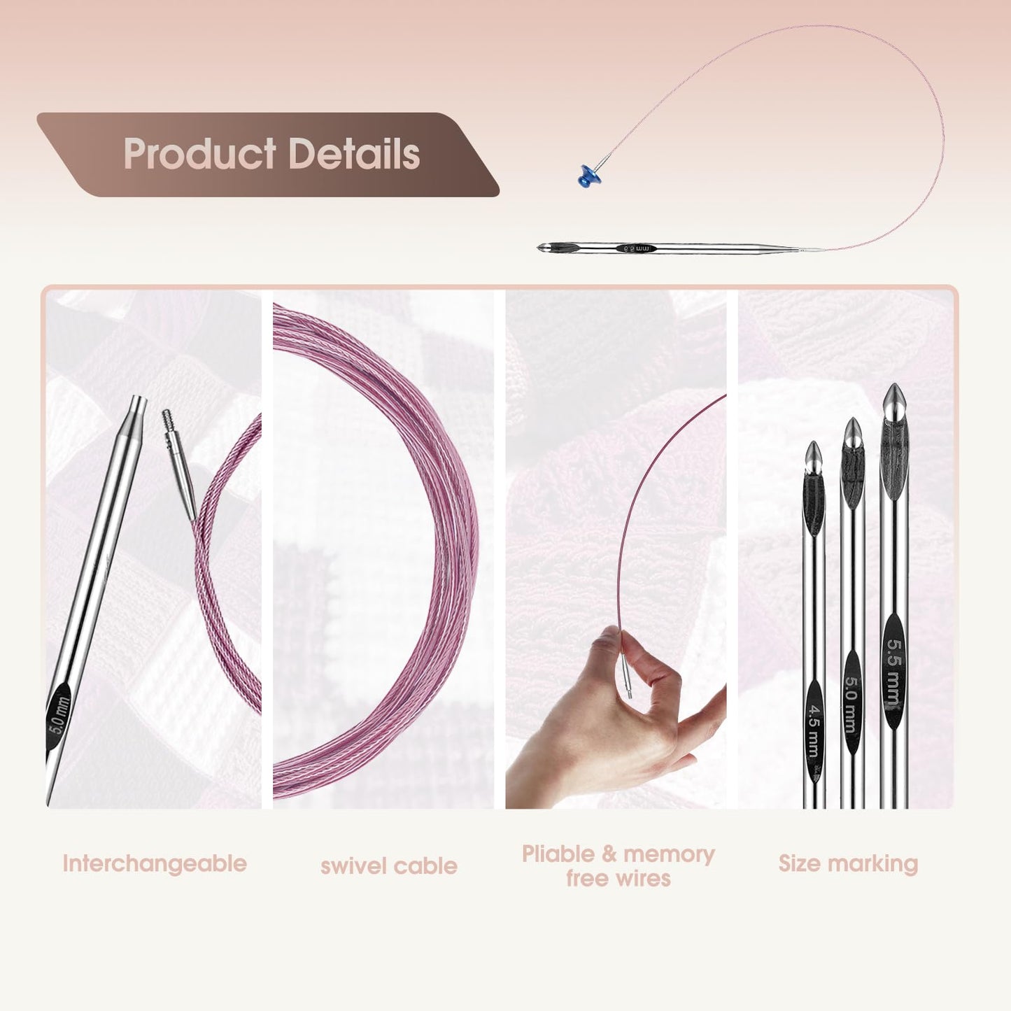 Tunisian Crochet Hooks Set with Cable 6-Inch Aluminum Interchangeable Crochet Hooks Set 3mm-10mm Long Crochet Hooks 26Pic(Pink)