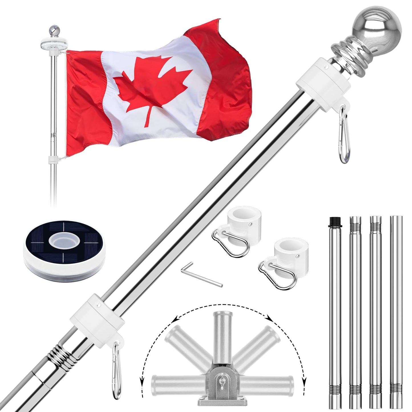 ZMTECH 5 FT Flag Pole Kit with Solar Light – Stainless Steel Outdoor Set Featuring 180° Adjustable Holder, Tangle-Free Design for House Garden Yard Display, Silver (Flag Not Included)