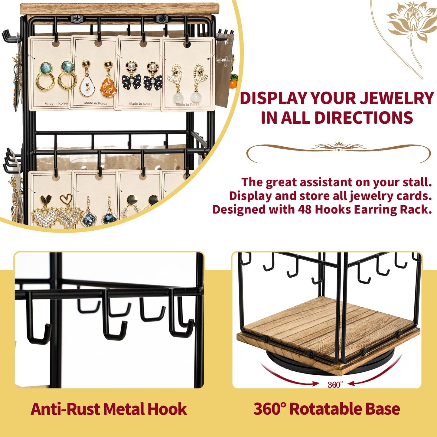Yoimori 360 Rotating Earring Display Stands for Selling, Earring Rack Display Holder Organizer Stand, Jewelry Display for Vendors Selling Earring Cards, Necklaces, Bracelets, Hair Accessories