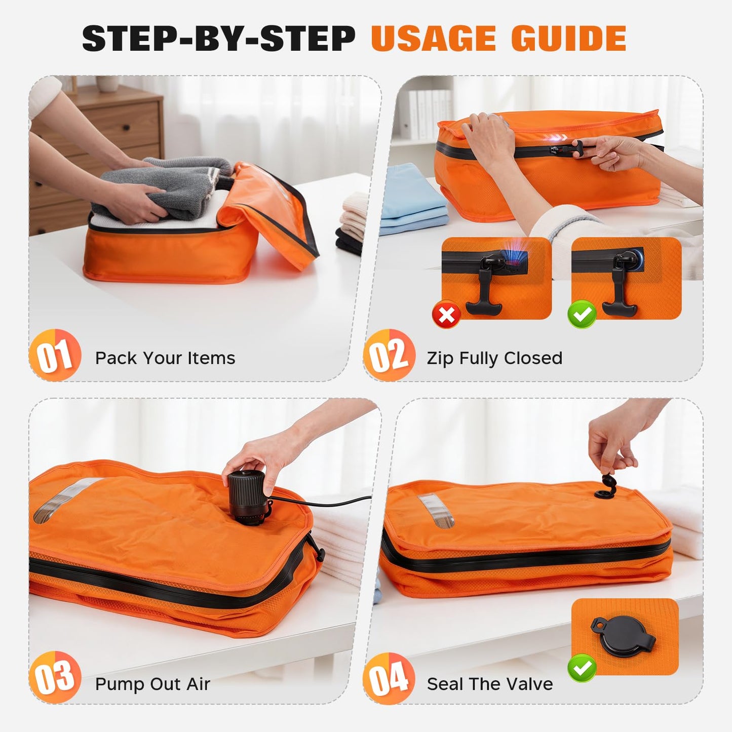 Vacuum Bags for Travel with Wired Pump, Travel Compression Bags for Clothes, 180° Open Zipper, Save 80% Space, IP68 Waterproof Space Saver Bags for Suitcase Backpack Home Storage (2 Pack + Pump)