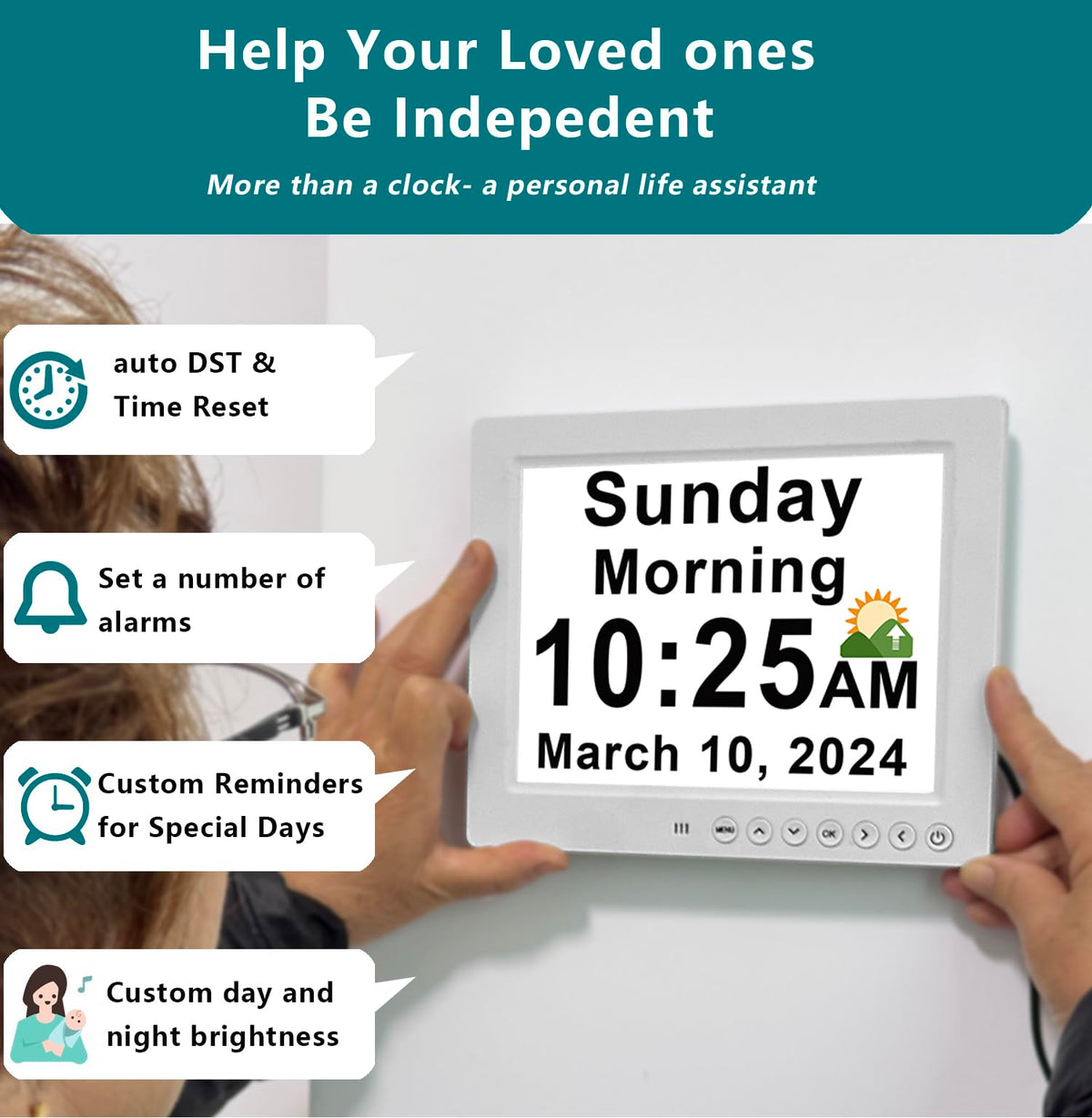 Large Calendar Clock for Seniors, 30 Alarms & Sun/Moon Icons, Day Date Week Clock with Remote Control, 6 Standard Themes, 20 Custom Reminders, 5 Languages, Auto Dimming, 12/24 Hours, auto DST