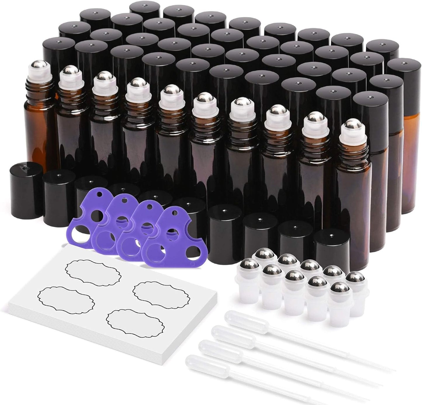 Essential Oil Roller Bottles 10 ml 48 Pack - ULG Amber Glass Empty Roll on Bottles with Stainless Steel Roller Balls (10 Extra Balls, 4 Openers, 4 Droppers, 48 Waterproof Labels)