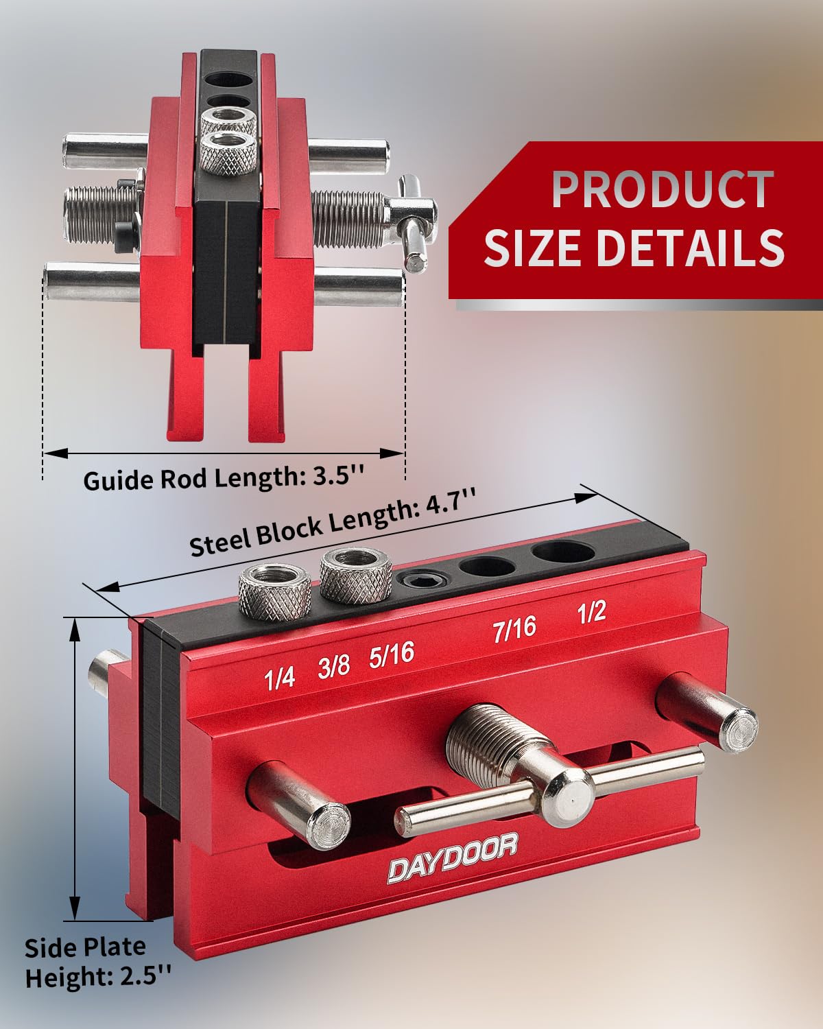 DAYDOOR 2.1" Self Centering Dowel Jig, Universal Capacity Doweling Jig & Drill Guide for Woodworking, Complete Kit with 6 Steel Bushings for Straight Holes(Red)