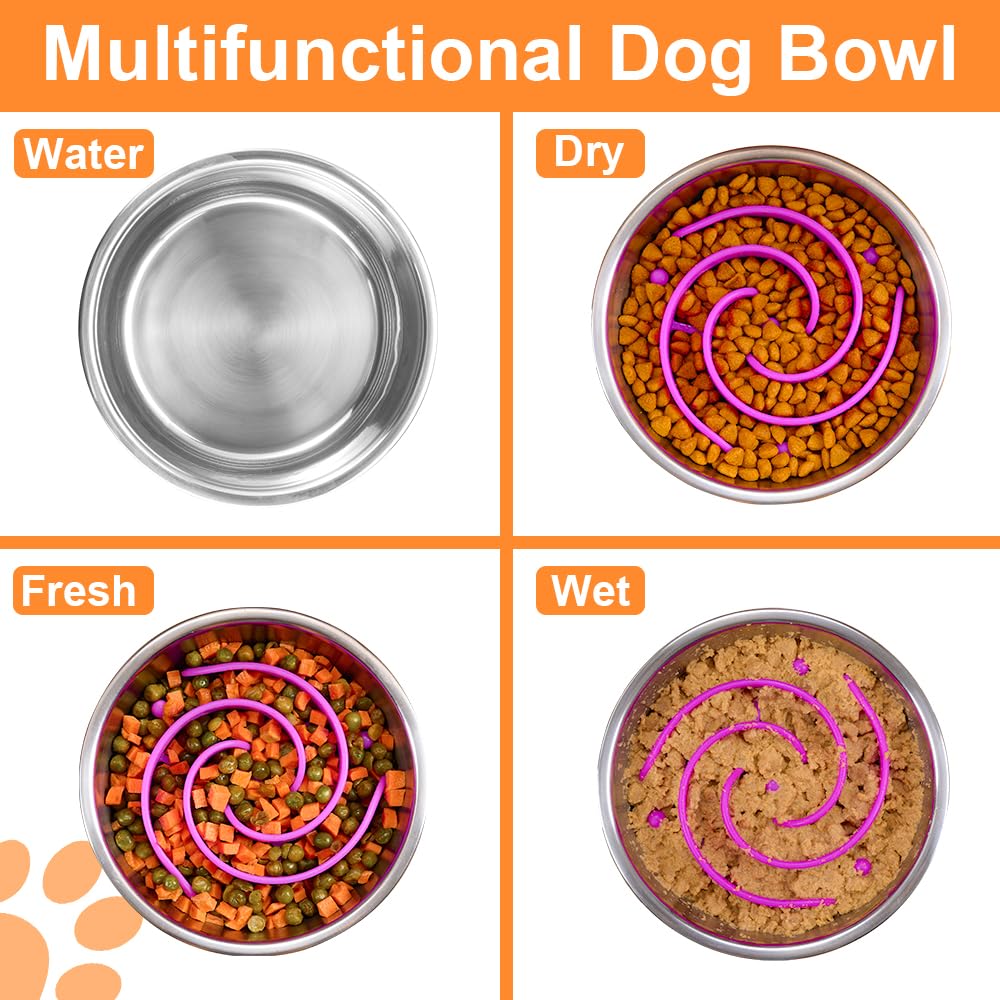 2-in-1 Metal Dog Bowl with Slow Feeder Insert, Stainless Steel Dog Bowls Food Grade 304, Water Food Bowl with Anti-Slip Silicone Base for Small, Medium, Large Dogs