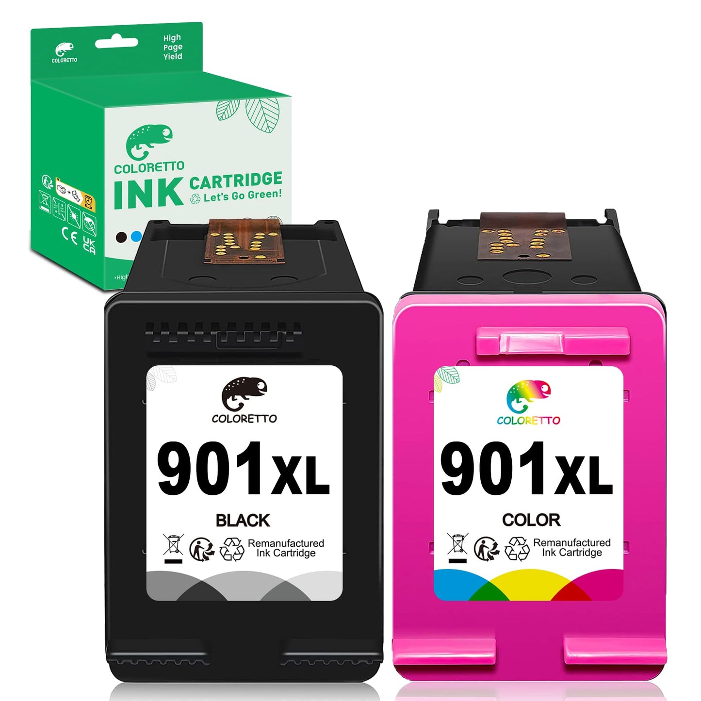COLORETTO 901XL Ink Cartridges for HP Officejet 4500 Ink J4524 J4540 J4550 J4580 J4624 J4660 J4680 J4860 G510a G510g G510n Printer Remanufactured Ink hp901 XL hp 901 1 Black 1 Color 2-Pack|High-Yield