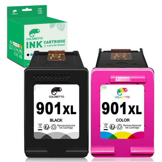 COLORETTO 901XL Ink Cartridges for HP Officejet 4500 Ink J4524 J4540 J4550 J4580 J4624 J4660 J4680 J4860 G510a G510g G510n Printer Remanufactured Ink hp901 XL hp 901 1 Black 1 Color 2-Pack|High-Yield