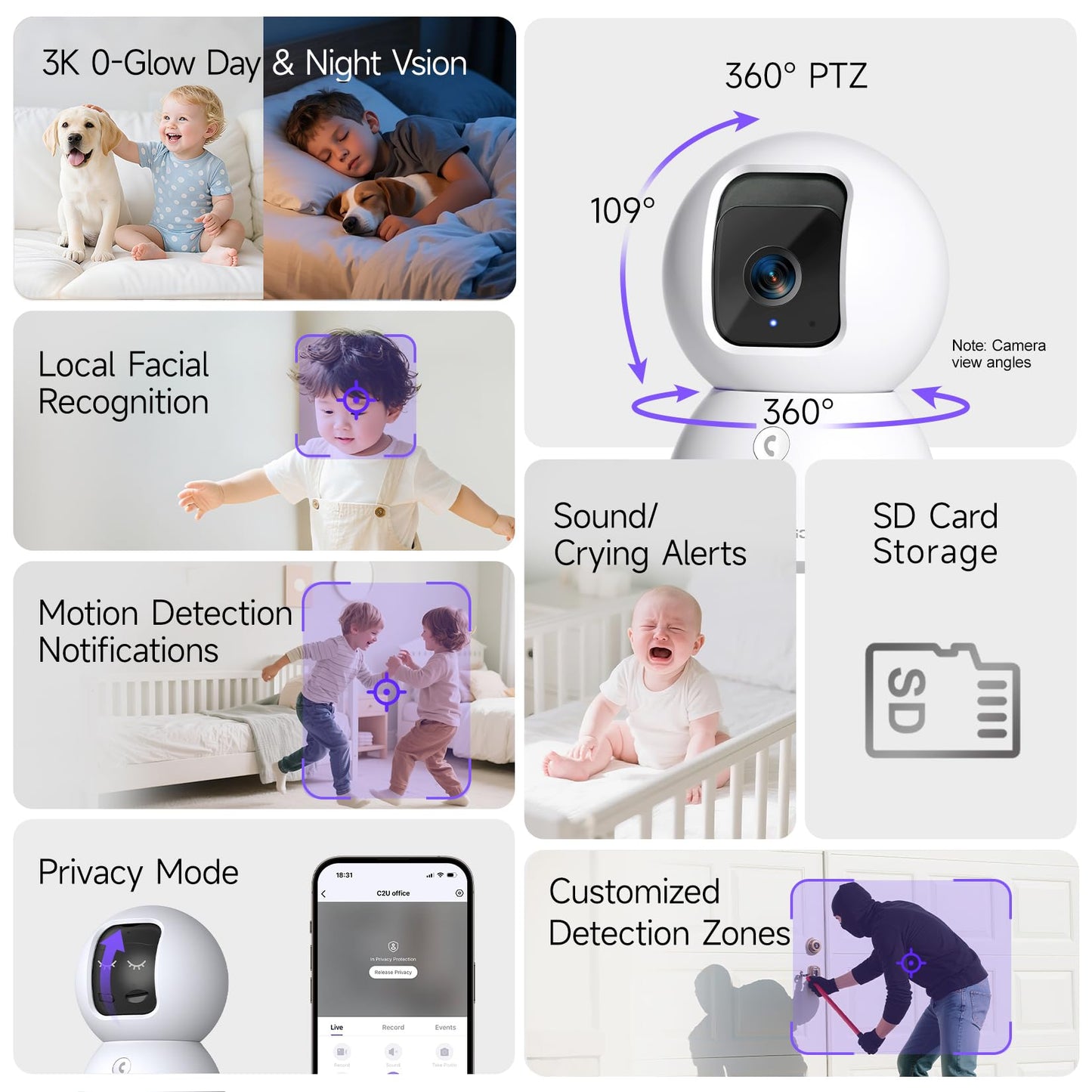 CINMOORE 5G Security Camera Indoor 2-Pack, No-Monthly-Fee AI Tracking Facial Recognition, 3K Pet/Dog Camera with Speaker/Phone App, PTZ WiFi Baby Monitor Cameras for Home Security, 0-Glow Night Vision