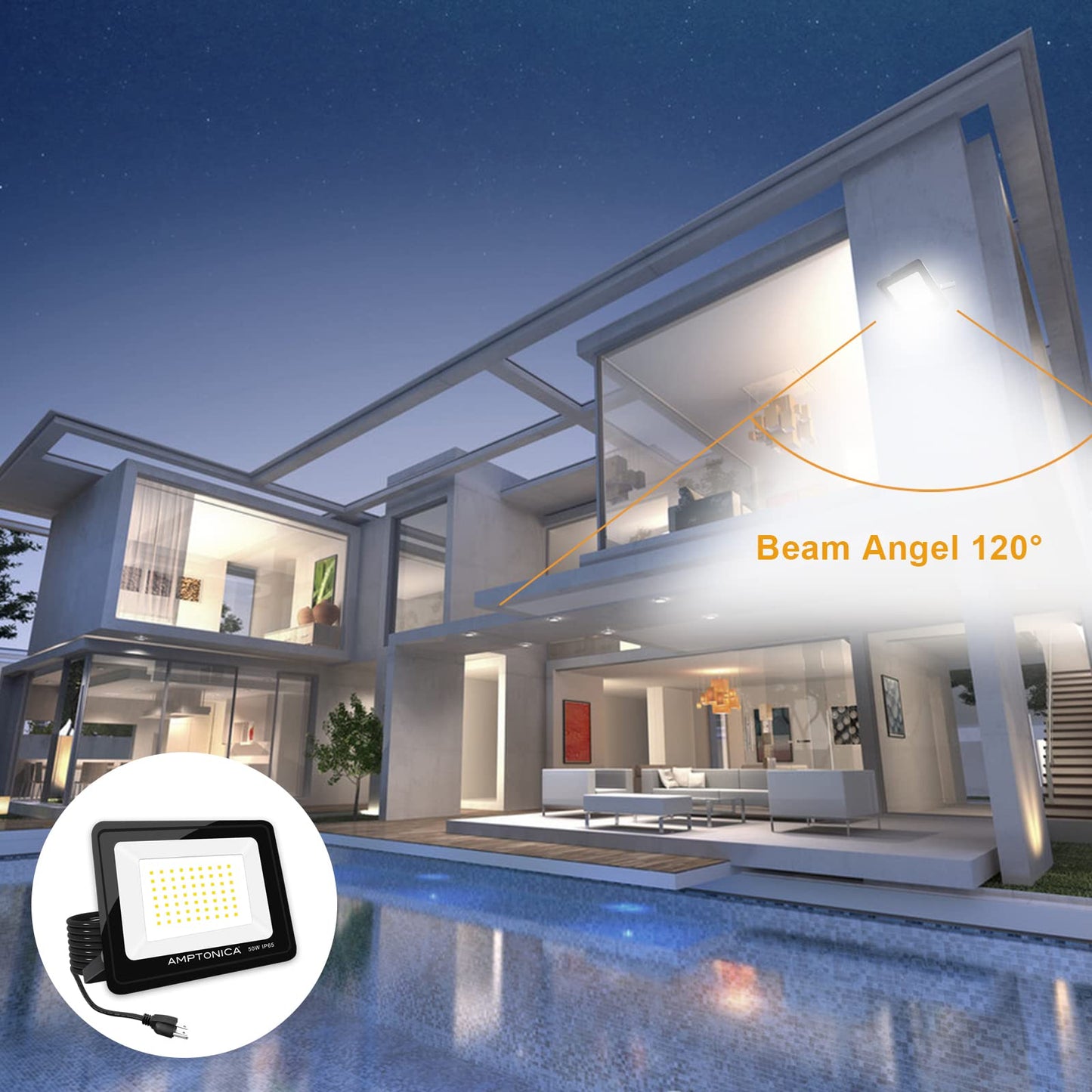 Amptonica LED Flood Light, 50W 5000lm Waterproof Outdoor Floodlights with Plug, 5000K Daylight White Exterior Flood Light, 300W HPS Equivalent LED Work Light for Garden, Yard, Garage, Porch, 2 Pack