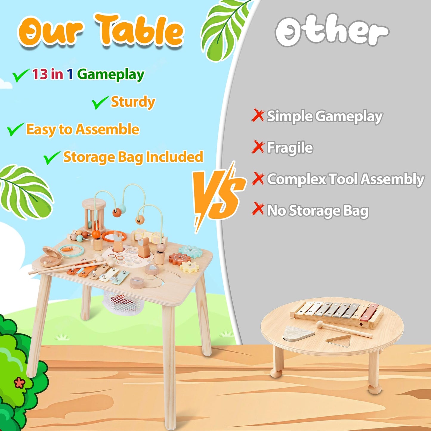 ATOYUS Activity Table, Montessori Toys for 1 2 Year Old Boys Girls Kid, 13 in 1 Wooden Sensory Play Table for Toddler 1-3, Educational Learning Toy for 12-18 Months Baby, 1st Christmas Birthday Gifts
