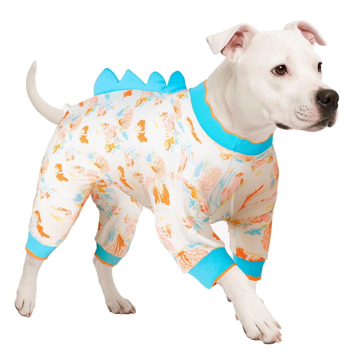 LovinPet Big Dog Jammies, Large Dog Pajamas, Anti Licking Shirt Lightweight Coral Peach Print, UV Protection Shirt, Easy to Wear Adorable Dog Onesie,Blue XXL
