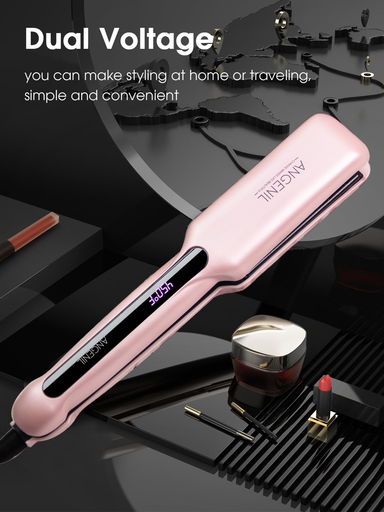 ANGENIL Flat Iron Wide 1.6 Inch Hair Straightener for Thick Hair, Dual Voltage Hair Straightener and Curler 2 in 1, Ceramic Flat Iron with Silicone Heat Resistant Mat Pouch, Fast Heating, LCD Display