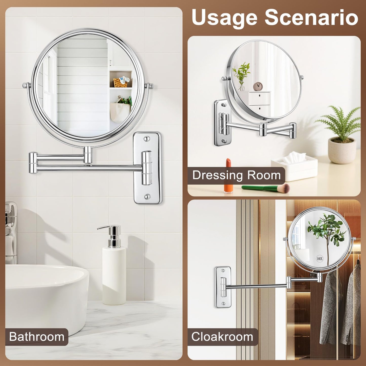 Wall Mounted Makeup Mirror, 10X Magnification 8 Inch Double Sided Swivel Extendable Bathroom Mirror, Chrome DECLUTTR