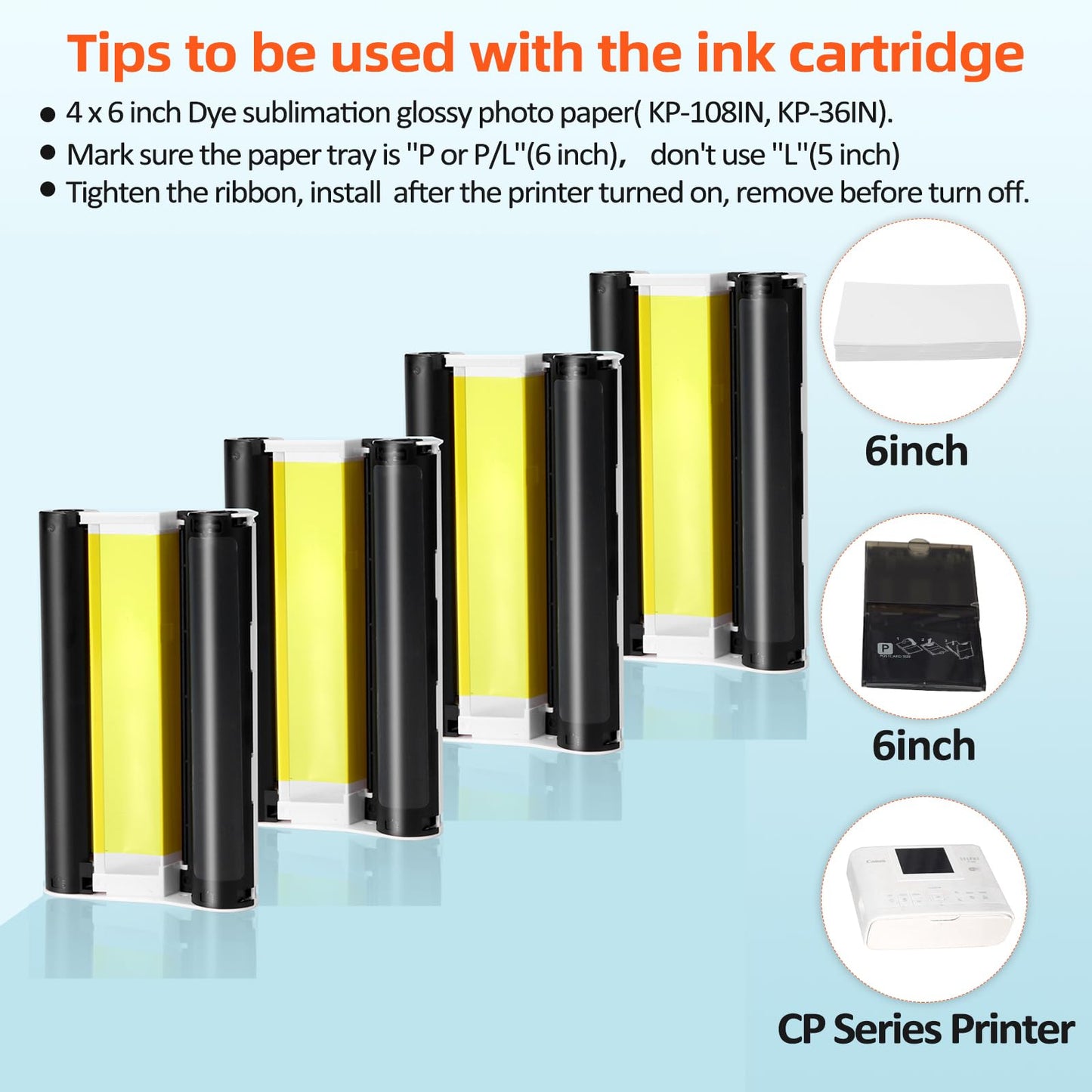 4-Pack Compatible Ink Cartridges Replacement for Canon Selphy KP-108IN KP-36IN Color Ink Cassette 4 x 6, for Selphy CP1500 CP1300 CP1200 CP1000 CP Photo Printers, 100 x 148mm (Without Paper)