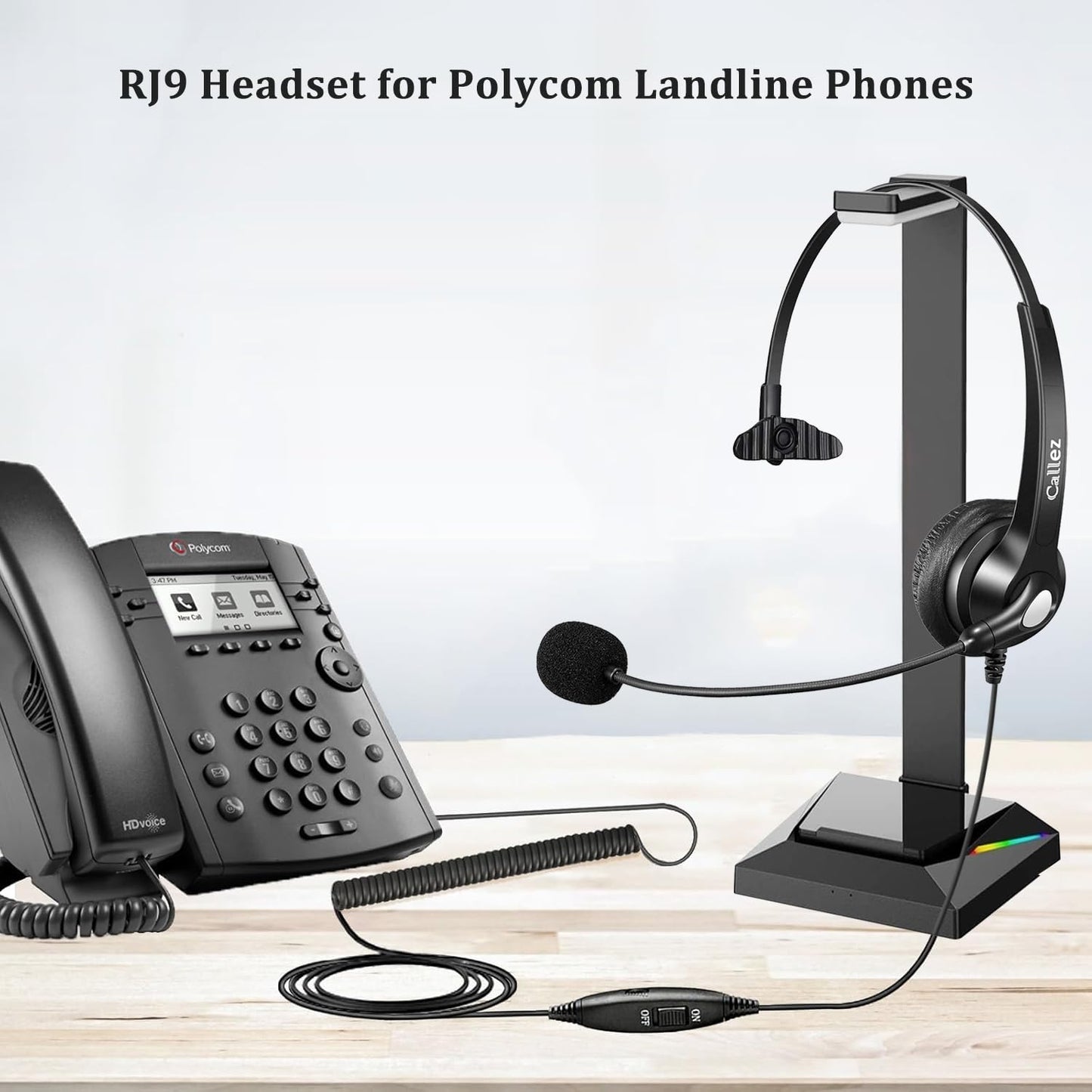 Callez RJ9 Telephone Headset with Noise Cancelling Mic & Volume Controls, Mono Phone Headset for Office Compatible with Polycom VVX250 VVX400 VVX410 VVX411 VVX311 VVX500 VVX601 Landline Phones