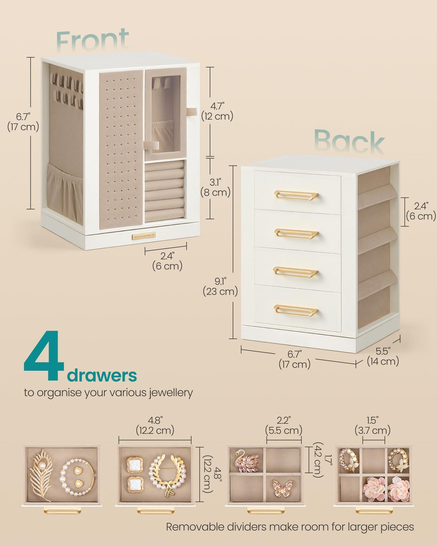 SONGMICS Jewelry Box 360° Rotating, Vertical Jewelry Storage Case with 4 Drawers, for Necklaces, Bracelets, Rings, Earrings, Gift Idea, Cream White UJBC211WD01