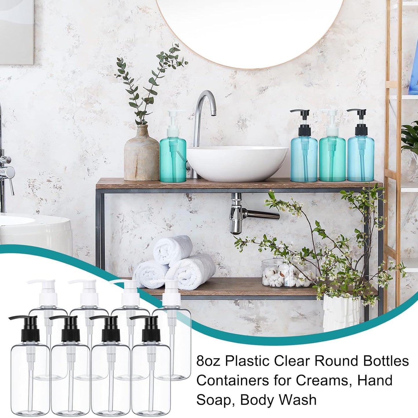 30 Pcs Refillable Empty Lotion Bottles 8oz/250ml Clear Plastic Pump Bottles Conditioner Shampoo Dispenser Leak Proof Black and White Pump Container for Body Wash, Creams, Liquid Soap