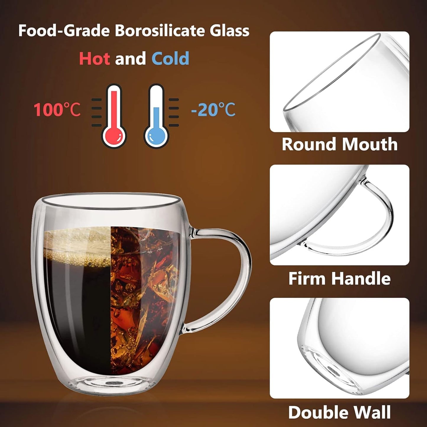 Double Wall Glass Coffee Mugs Glass Mug with Handles Double Wall Cappuccino Cups, 12oz of Set 4 Coffee Tea Mugs, Clear Glasses with Handle