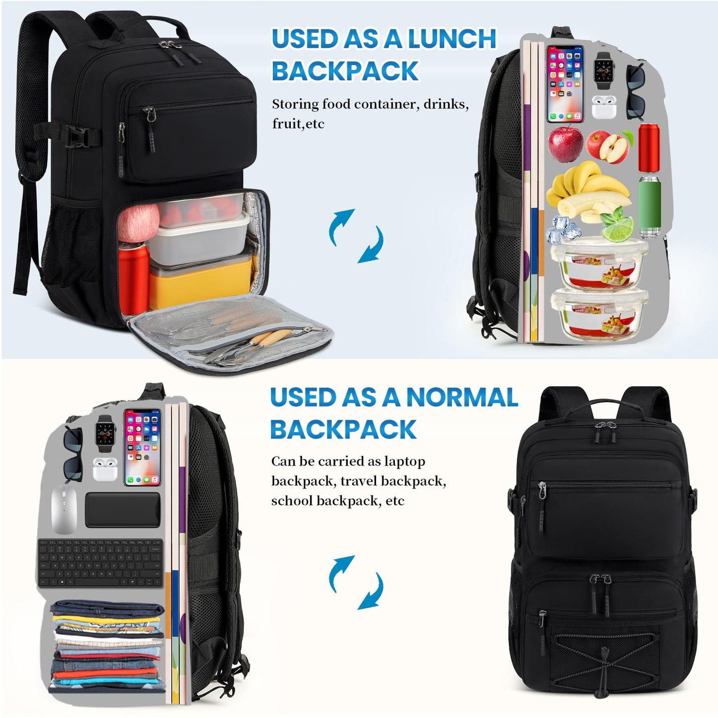 Lunch Backpack 15.6 Inch Laptop Travel Backpack with Insulated Bag Extra Large Backpack for Men Women Waterproof Computer Backpack for Work School College Business, Black