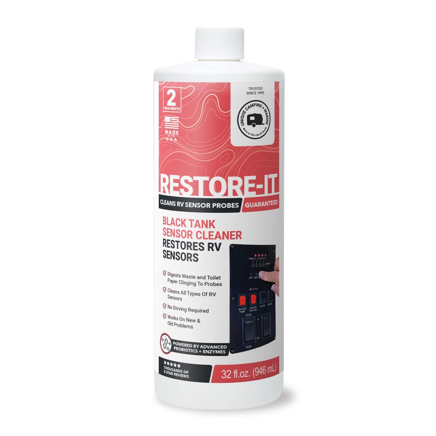 Unique Restore-It RV Sensor Cleaner Liquid for Black Water Holding Tanks - Cleans and Restores Misreading Camper Black Tank Sensor Probes, Formerly Sensor Cleaner, CA Compliant (32 oz.)