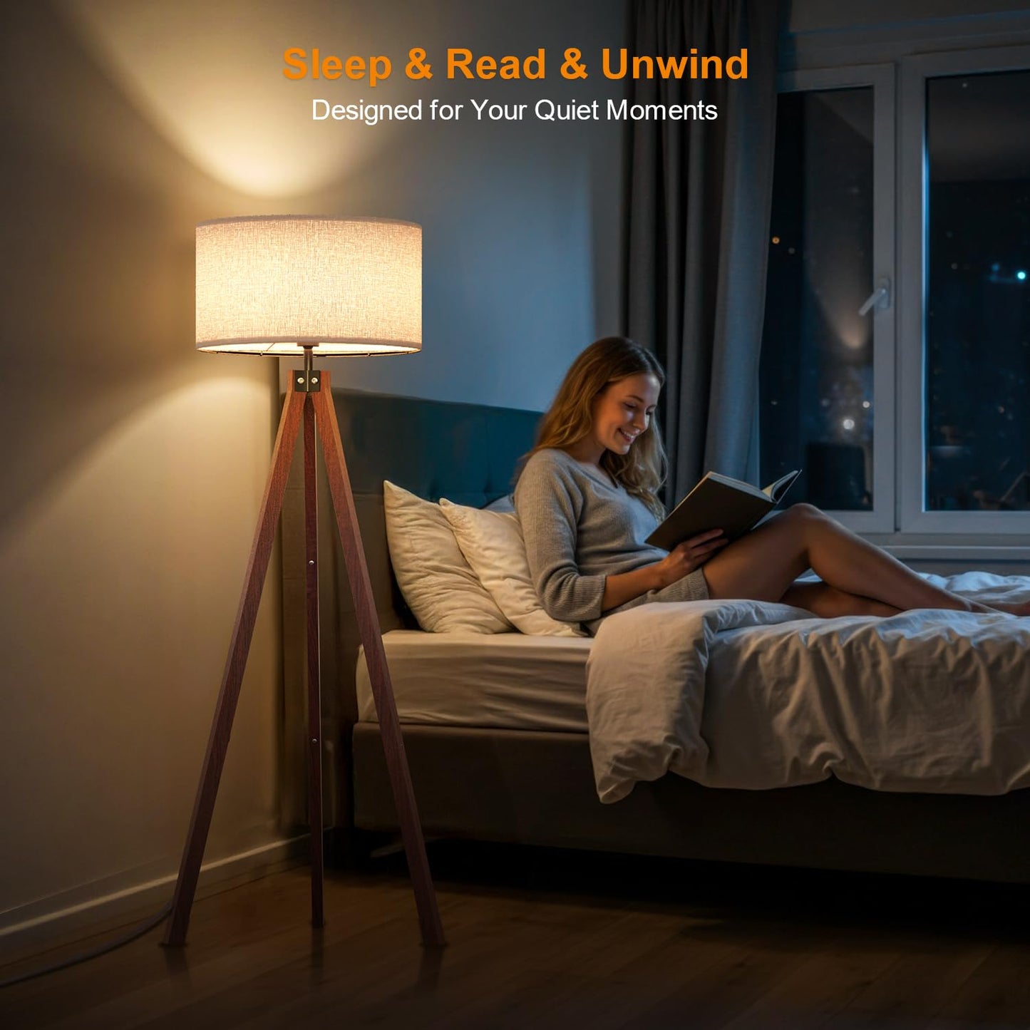 LEPOWER Tripod Floor Lamp, Floor Lamps for Living Room, Mid Century Modern Standing Lamp for Bedroom, Office and Study Room Lamp, Flaxen Lamp Shades with E26 Lamp Base (Brown Tripod Holder)