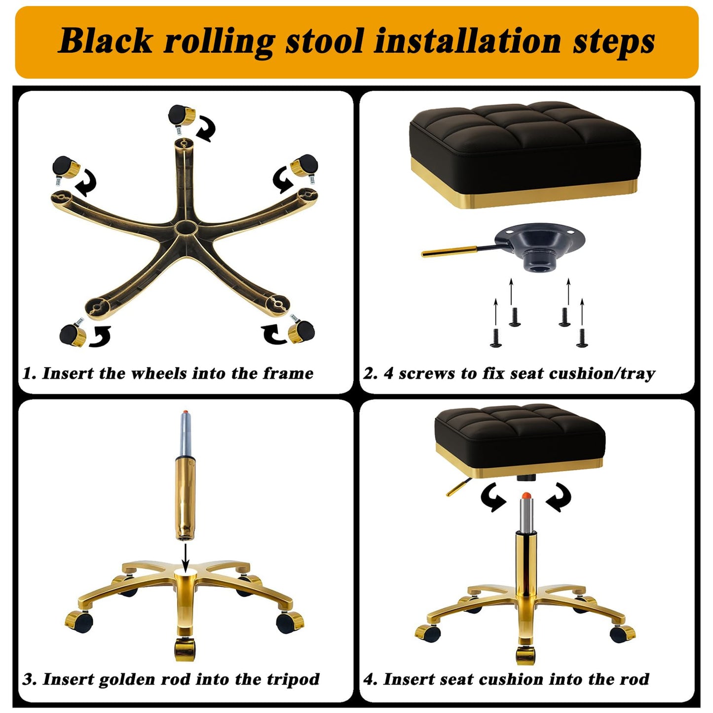 CQAEBK Square Rolling Stool Gold Adjustable Swivel Stools with Wheels, Vanity Lash Nail Salon Spa Roller Chair, Esthetician Massage Office Pedicure Stool, Heavy Duty Gold Plated Frame (Black)