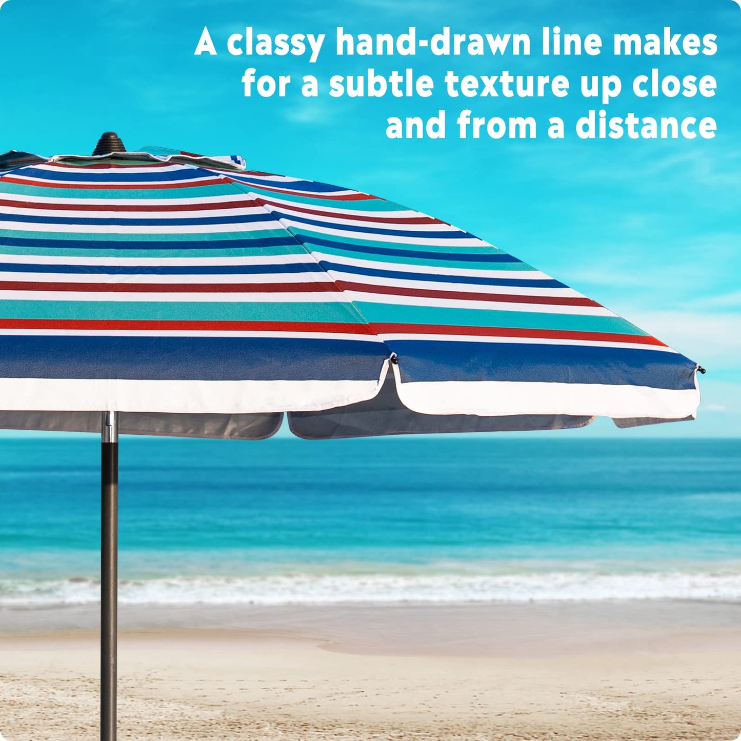 OutdoorMaster Beach Umbrellas for Sand with Sandbag & Anchor, 6.5ft Adjustable Umbrella for Beach Heavy Duty Wind, Portable UPF50+ Sunshade with Carry Bag for Patio, Blue Red Striped