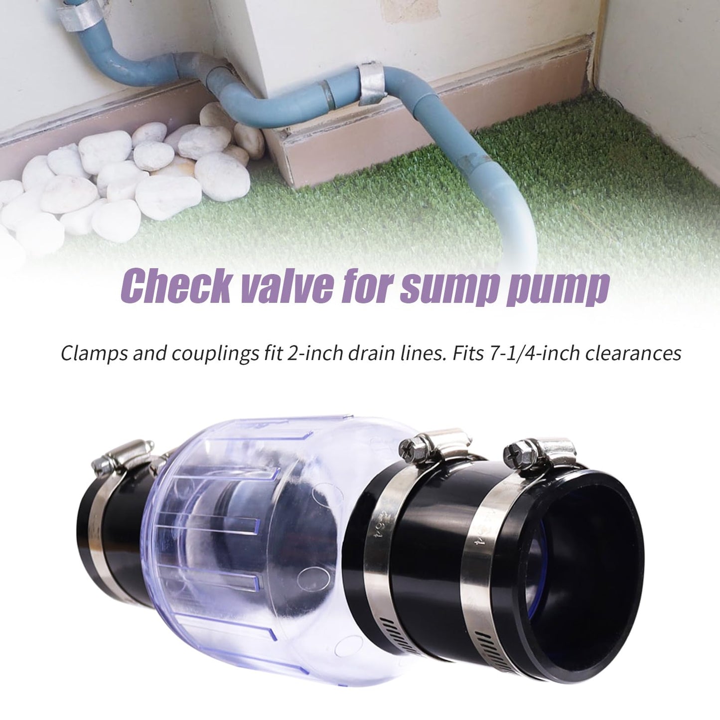 VIKKSAER 7-1/4" Gap in 2-Inch Schedule 40 PVC, 2-Inch Check Valve, Silent Sewage or Sump Pump Check Valve, Stainless Clamps Fit for Bedrooms Basements