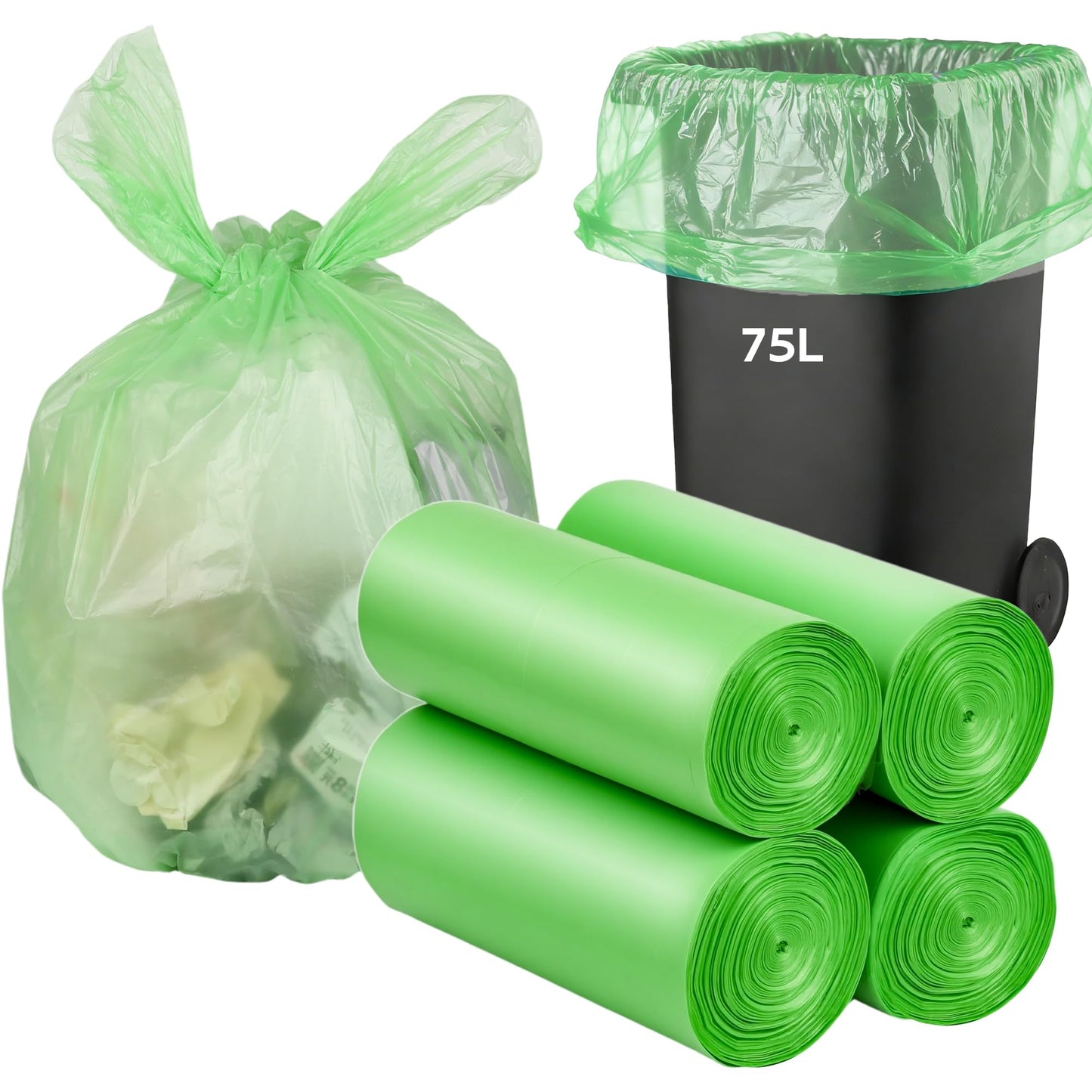 Biodegradable Garbage Bag, 75L Heavy Duty Organic Garbage Bags, 100 Count Large Compost Bags for Household/Garden/Kitchen