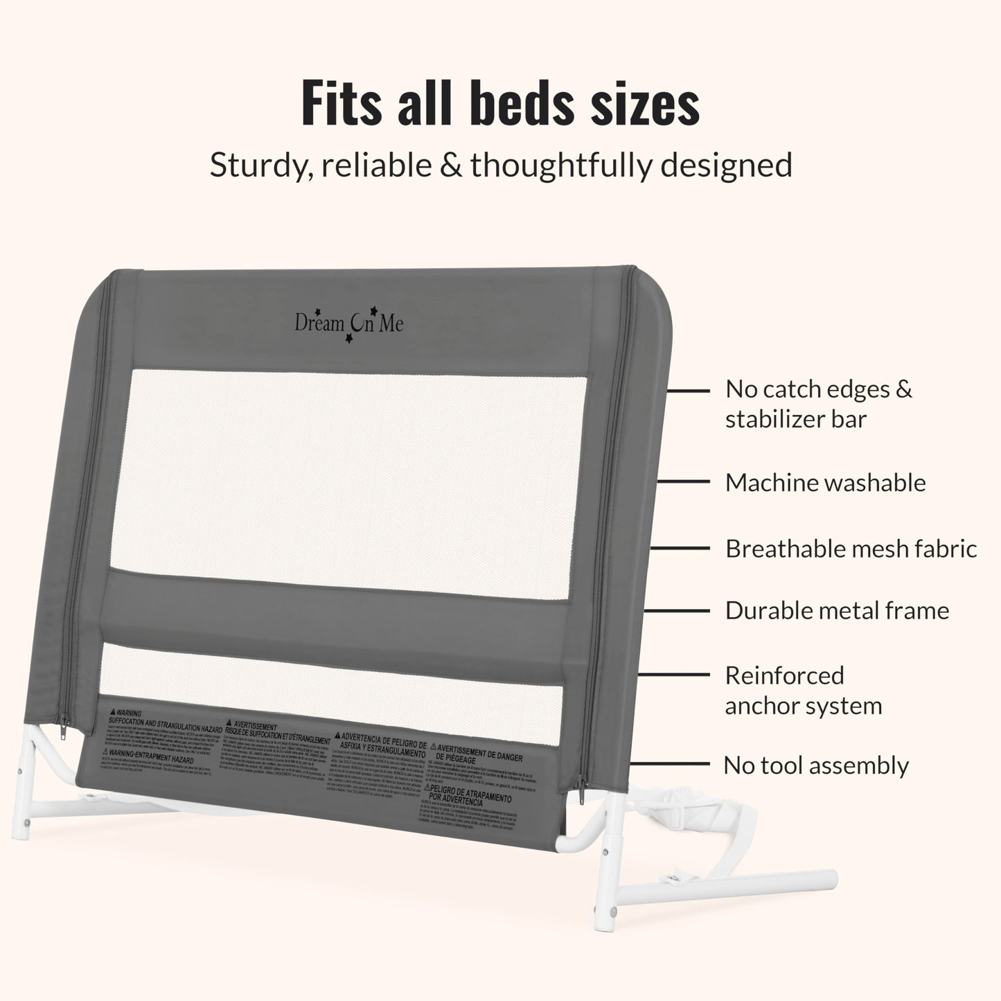 Dream On Me Lightweight Mesh Security Adjustable Bed Rail with Breathable Fabric in Grey, for Toddlers 18 Months, 5 Years