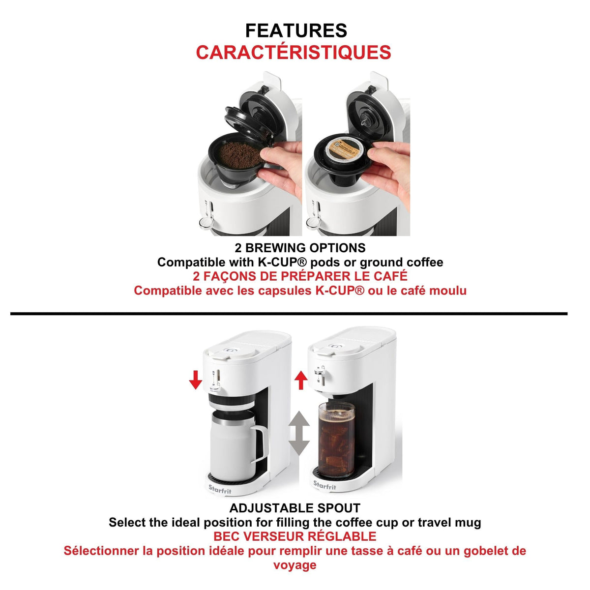 Starfrit 2-in-1 Coffee Machine - Brews K-Cup Pods or Ground Coffee - Adjustable Spout for Mugs - Removable Filter Basket - White Matte
