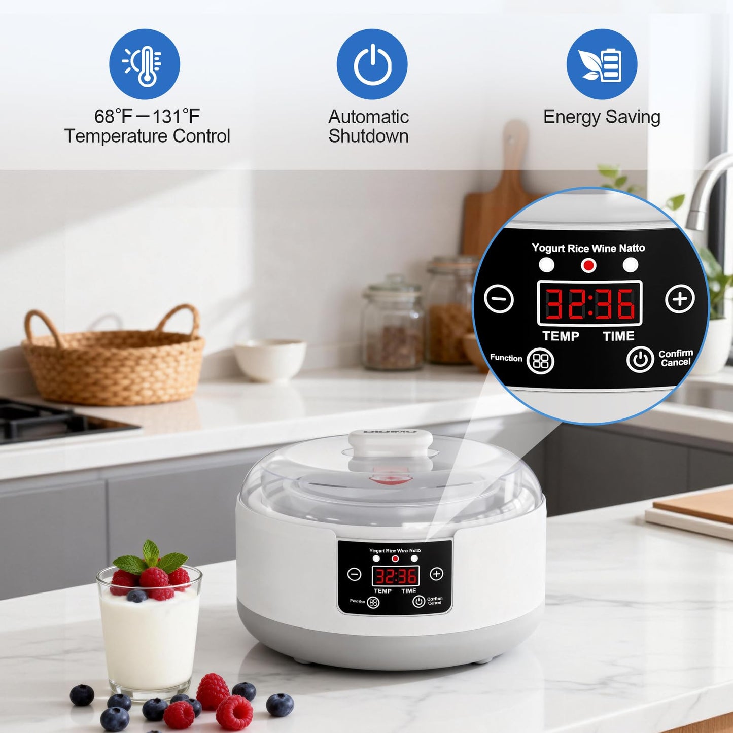 DiDimo Yogurt Maker with Adjustable Temp & Timer, 1.2L Stainless Steel Greek Yogurt Machine, Automatic Natto Maker Rice Wine Fermenter, Digital Display Compact 1.3QT Pot for Kitchen (BPA-Free)