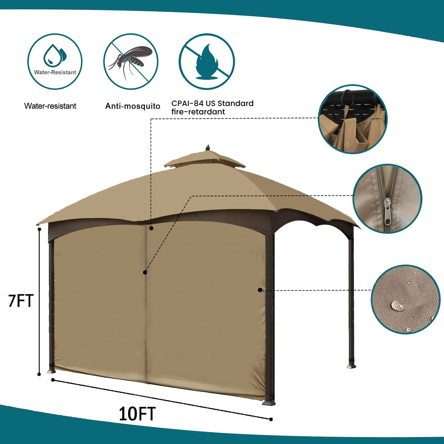Gazebo Universal Replacement Privacy Curtain - Wonwon Privacy Panel Canopy Side Wall with Zipper for 10' x 10' Outdoor Gazebo (Khaki)