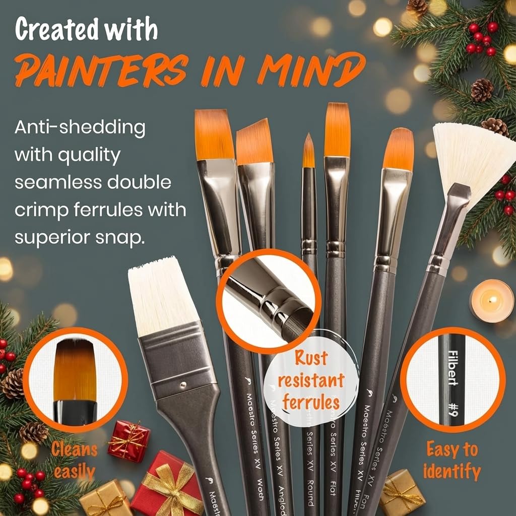 Art Brush Set. Best Professional Artist Supplies. Acrylic Paint Brushes, Watercolor, Gouache, Oil Painting. 15 pc Long Handle. Travel Kit by D’Artisan Shoppe