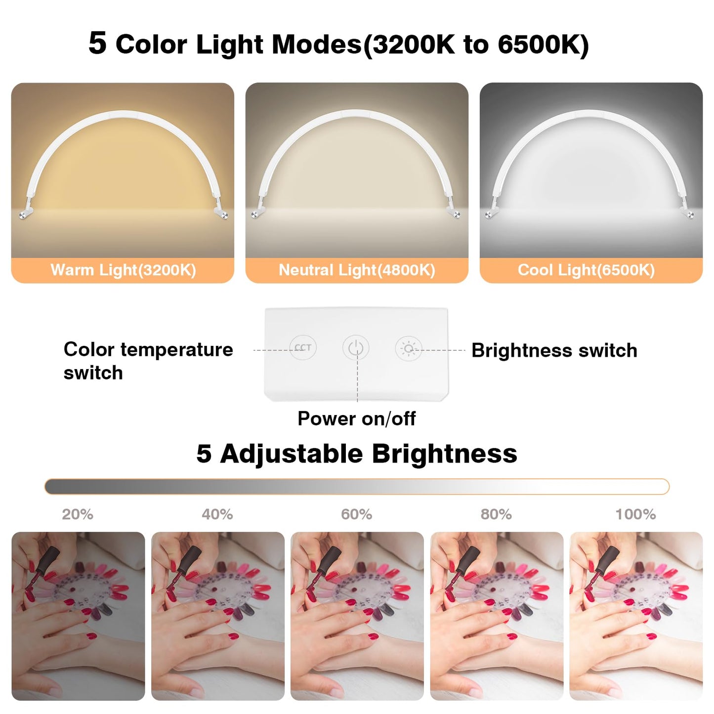 Mznoo Nail Light for Desk, 30in Large Half Moon Light with Phone Holder, 4000 Lumen Bright LED Moon Lamp for Nail Techs, Manicure and Handicraft, Adjustable Color Modes and Brightness (White)