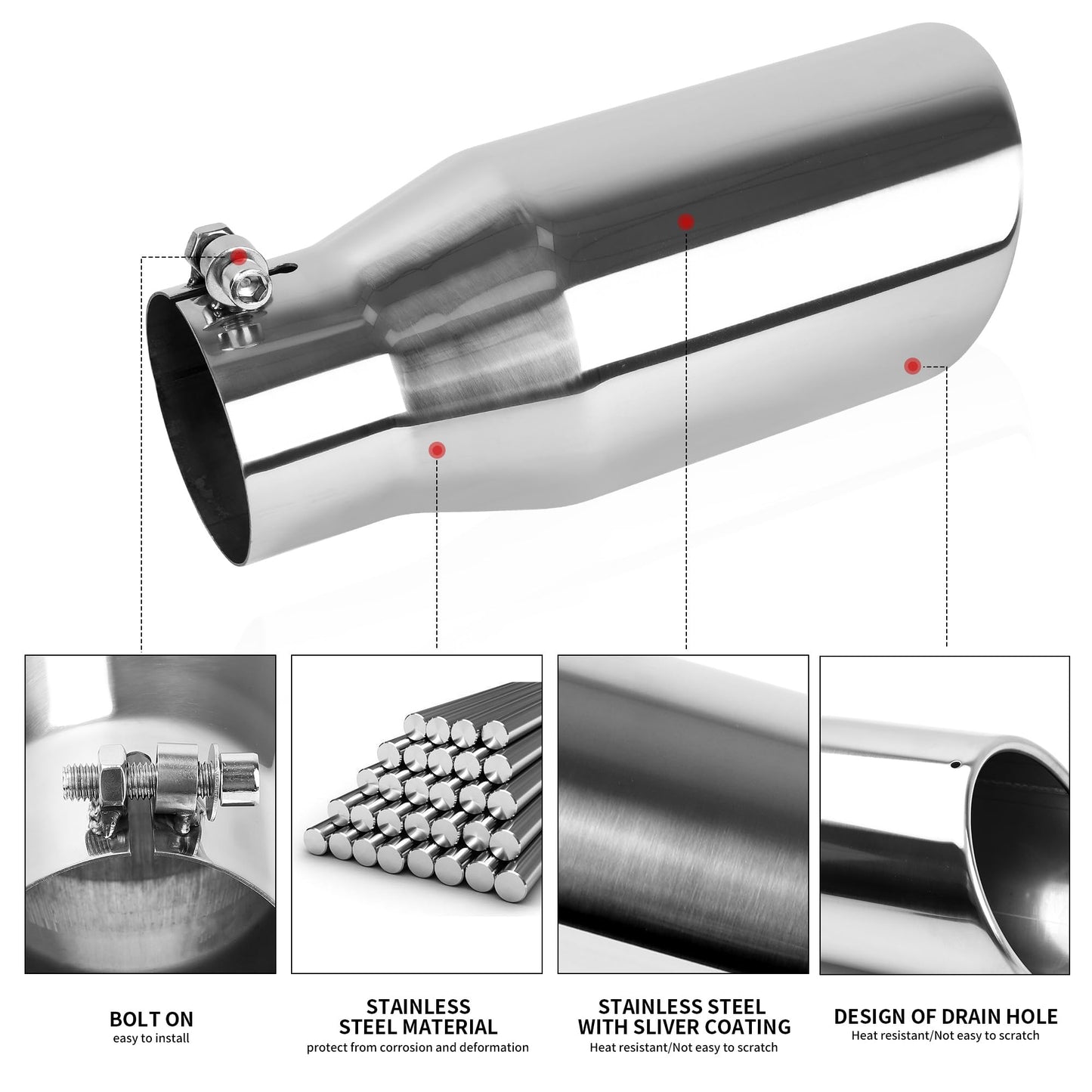 Richeer 3.5 Inch Inlet Exhaust Tip, 5" Outlet 12" Overall Length, Stainless Steel Polished Chrome Finish, Universal for Vehicles with 3.5" O.D. Exhaust Tailpipe
