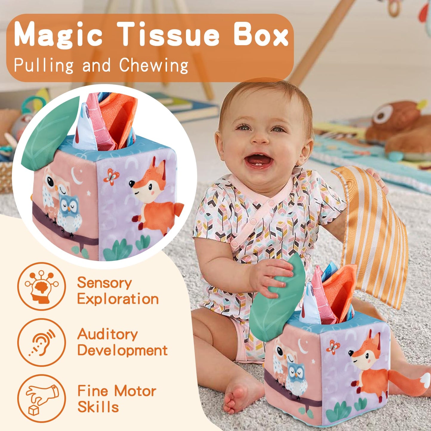 Twefex Baby Toys 6-12 Months - 3 in 1 Baby Toys Play Kit - Medium Spinning Drum - Baby Tissue Box Toy - Peekaboo Knob Puzzle with Cards - Montessori Toys 6-12 Months