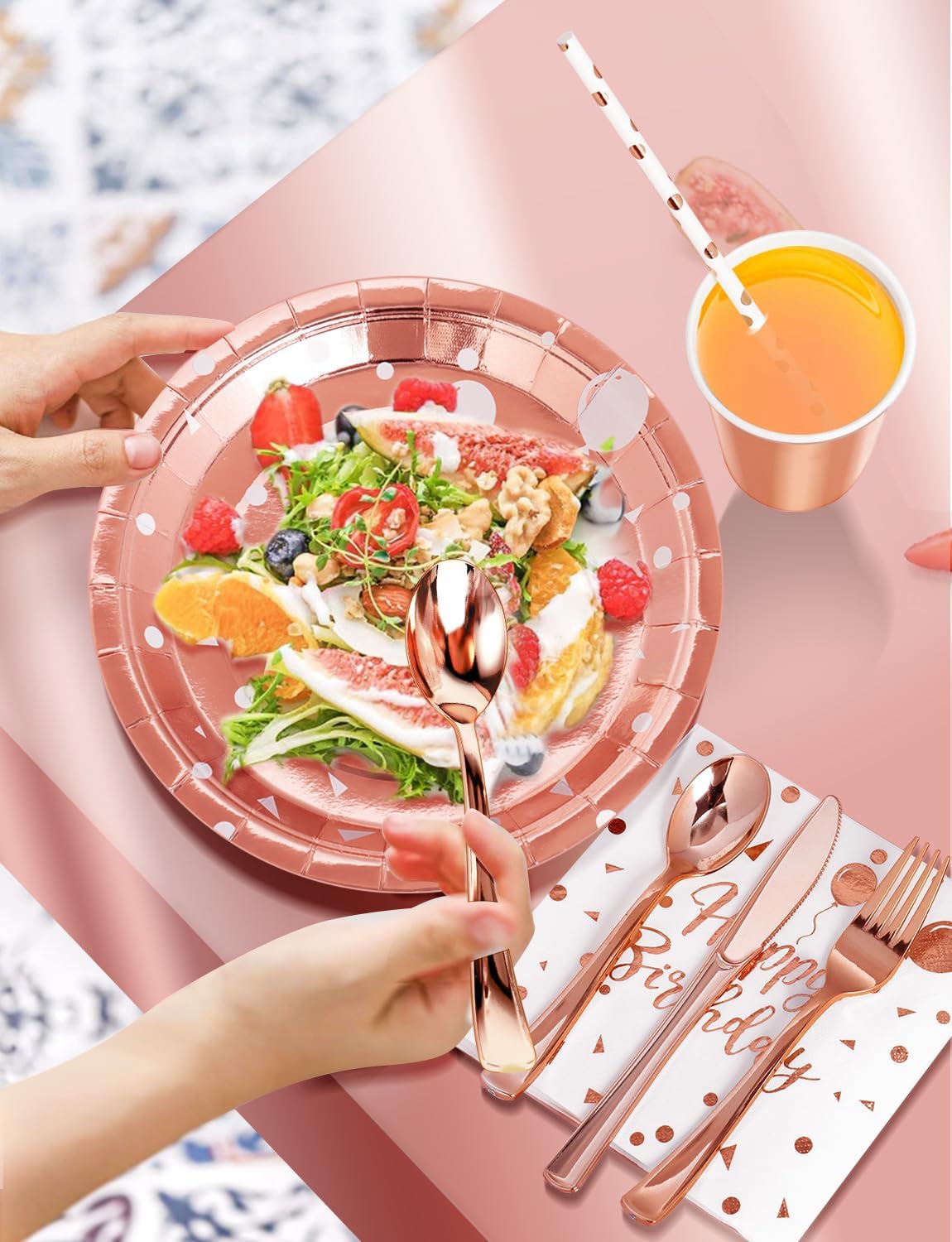 Nkaiso Birthday Party Tableware, 161 Pieces Rose Gold Party Supplies, Party Dinnerware Sets Include Paper Plates Napkins Cups Silverware, for Shower Engagement Parties Decoration -20 Serves