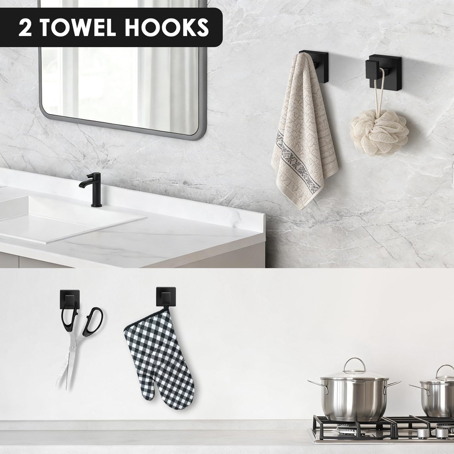 Bathroom Accessories Set,5-Piece Bathroom Towel Holder, Includes 16Inch Towel Bar Set, SUS304 Stainless Steel Toilet Paper Roll Holder,Matte Black Square Towel Ring, 2 Towel Hooks for Bathroom,Kitchen