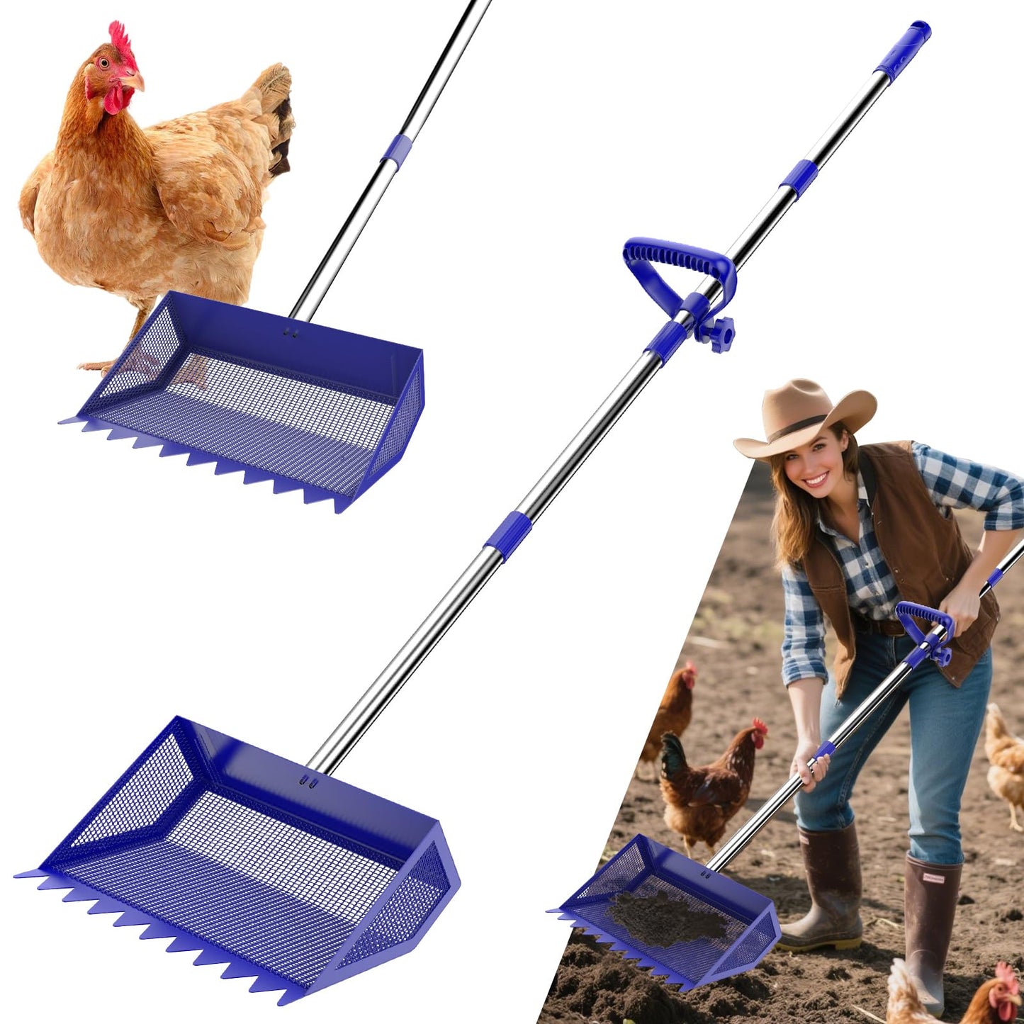 Chicken Poop Scooper & Rake 2-in-1, 304 Stainless Steel Shovel Head, Chicken Litter Scoop with Handle for Chicken Coop & Pet Waste Cleaning, Litter Sifting Shovel (35 to 65")