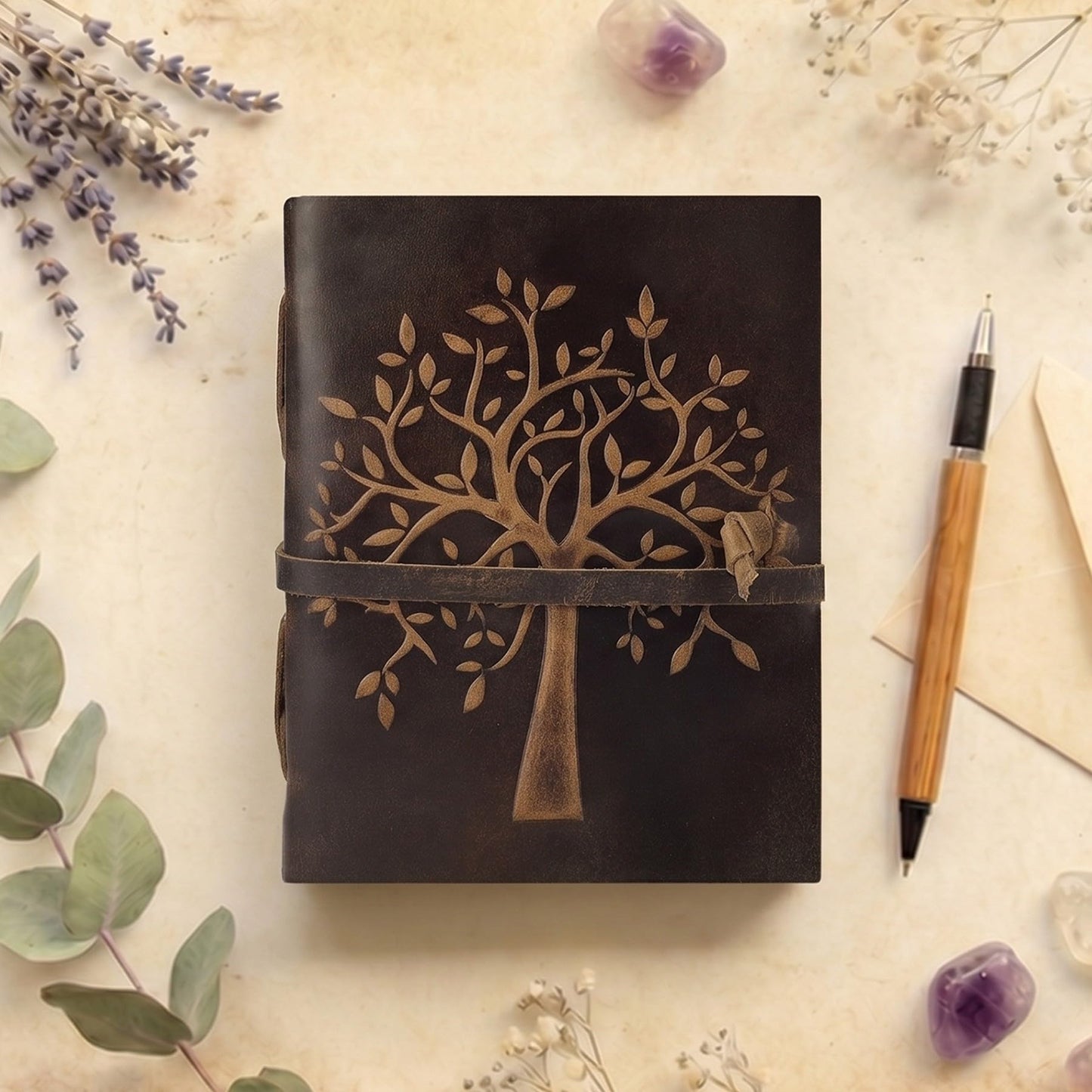 LEATHER VILLAGE Tree of Life Journal - 8 X 6 inches - Brown - 200 Antique Deckle Edge Handmade Paper – Book of Shadows - Vintage Leather Bound Journal for Women & Men