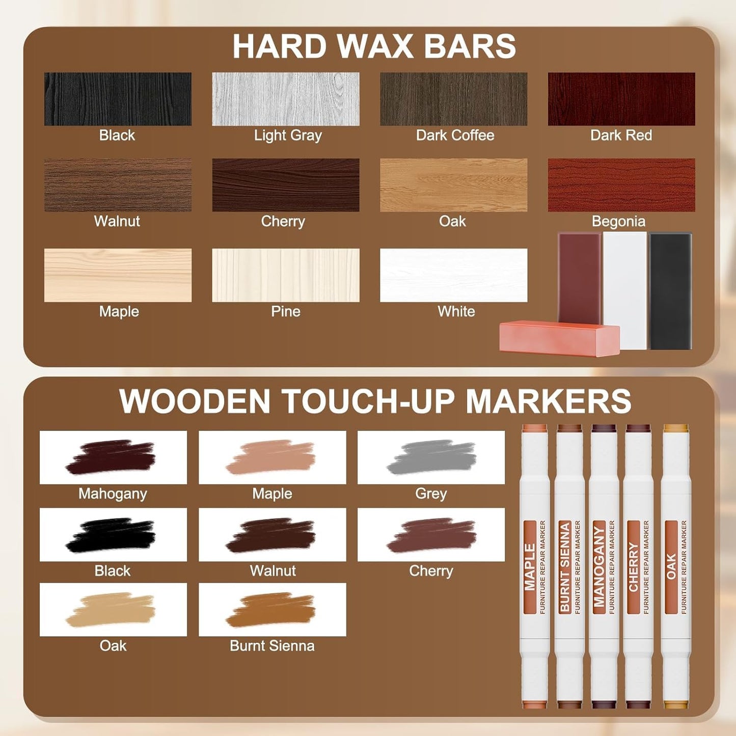 Vinyl Hardwood Repair Kit with Upgraded Heat Pen Display, Laminate Floor Repair Kit Hard Wax Wood Dual Tip Furniture Touch Up Marker Repair for Scratch, Stain, Crack, Hole, Cabinet, Door, Table