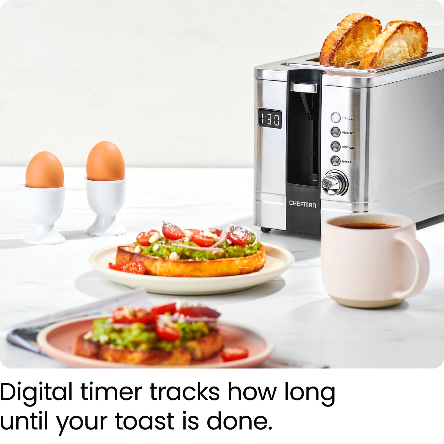 Chefman 2-Slice Digital Toaster, Pop-Up, Stainless Steel, Extra-Wide Slots For Bagels, Defrost, Reheat, Cancel Functions, Removable Crumb Tray, Stainless Steel - Digital