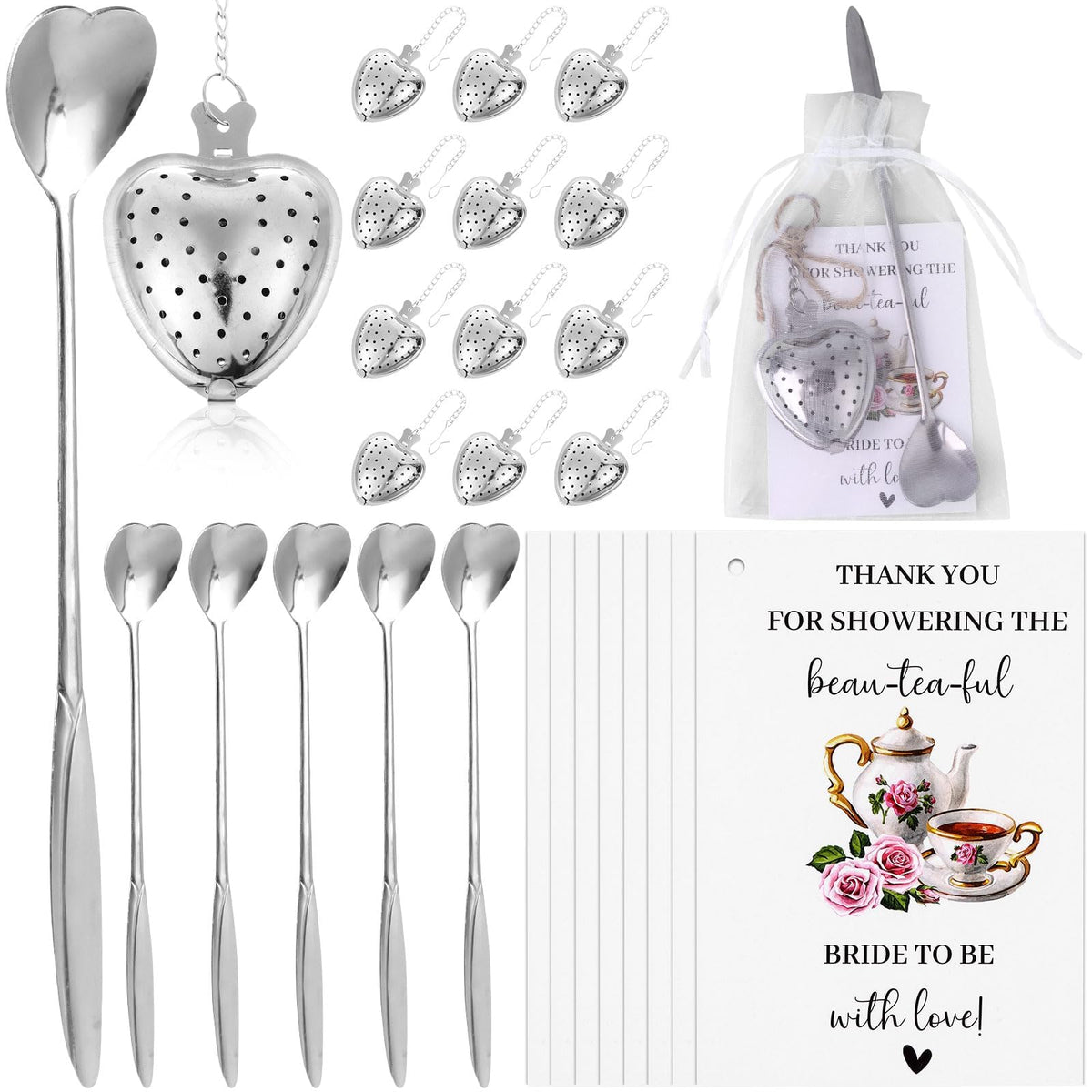 32 Sets Bridal Shower Tea Party Favors for Guest Heart Tea Infuser Tea Spoon Tea Steeper for Loose Tea with Thank You Cards Organza Bags and Hemp Rope for Wedding Gift Souvenirs, No Tea (Silver)