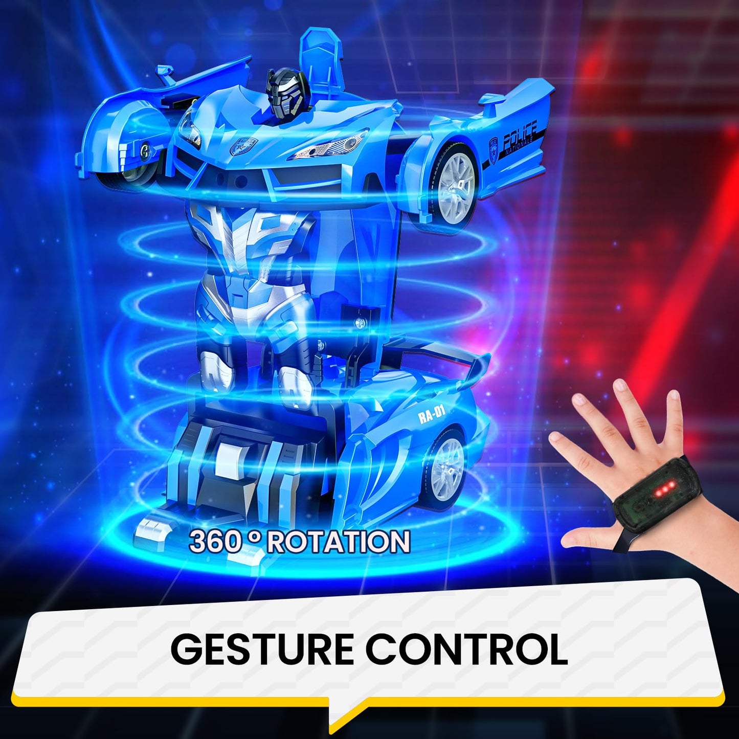 Tecnock Remote Control Car - Gesture Sensing, Transform Robot RC Cars for Kids, 2.4GHz One Button Transformation Robot Toy with LED Lights, Police Car Toy Gift for Age 8-12 Boys/Girls