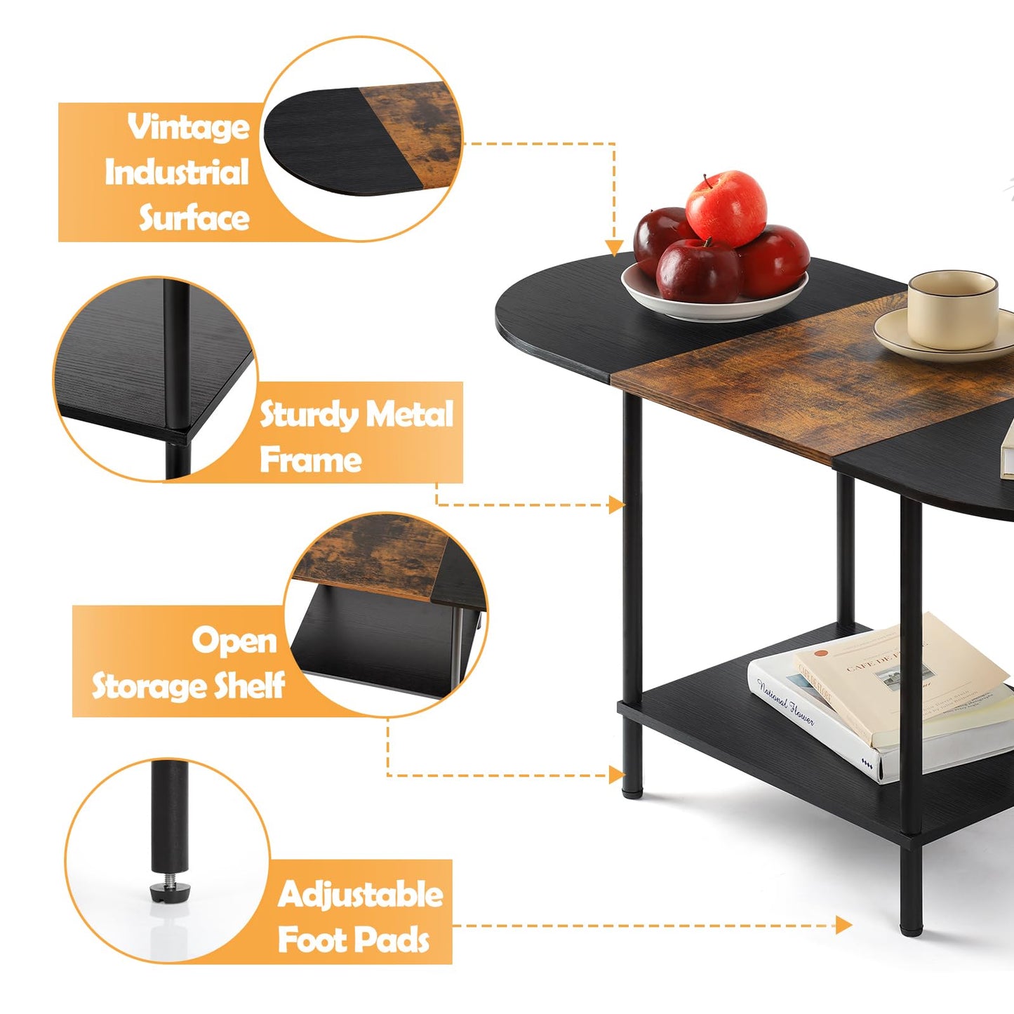 Coffee Tables for Living Room,2-Tier Small Oval Center Table Industrial Modern Style Coffee Tables with Storage Shelf and Wood Tabletop for Small Space,Home Office,Brown & Black