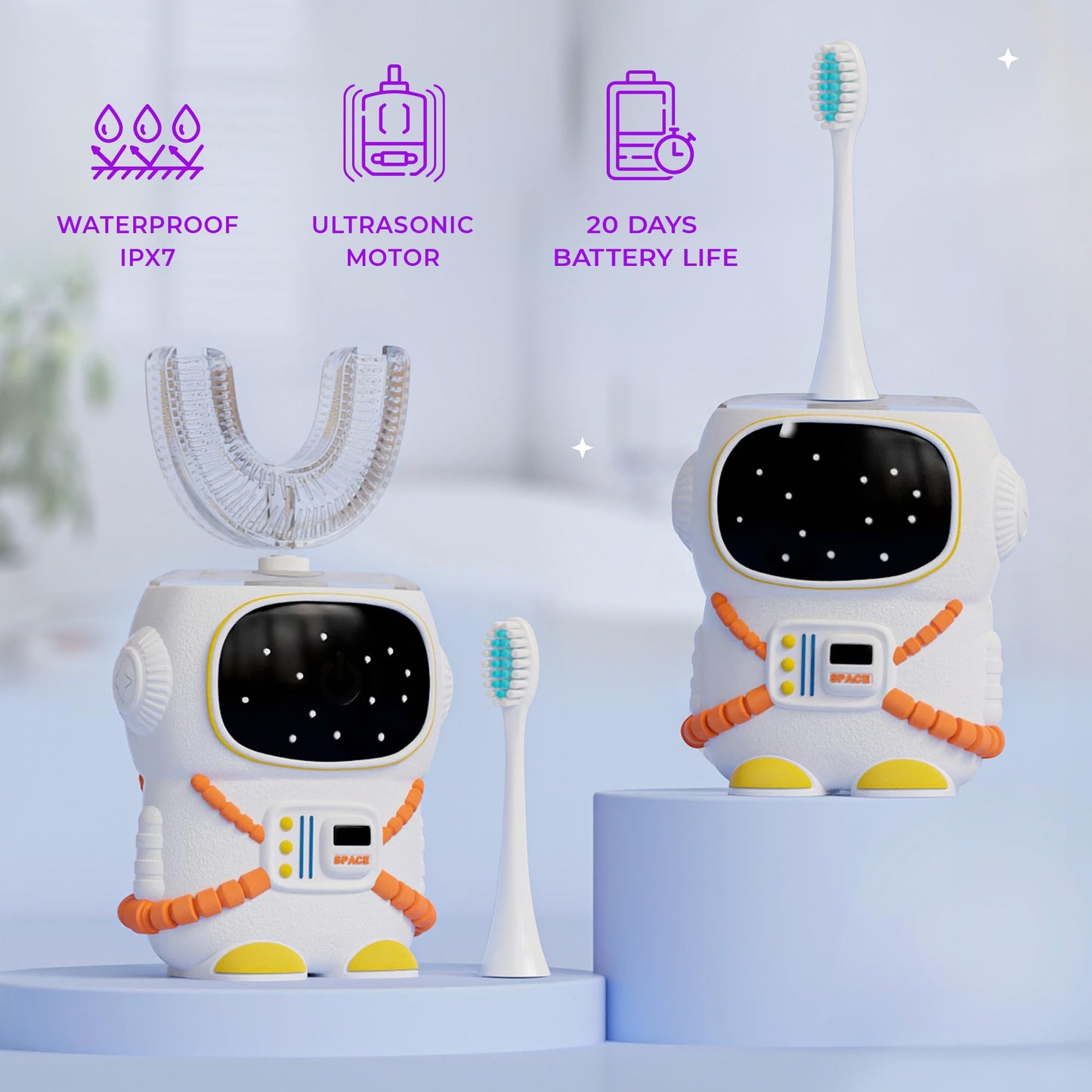 Sensory 360 Round U-Shaped Astronaut Design Mouthguard Electric Toothbrush for Kids Ages 2-7 - Automatic Memory Function - 5 Modes Toothbrush with Multiple Heads – Kids Travel Essentials (White, Small)