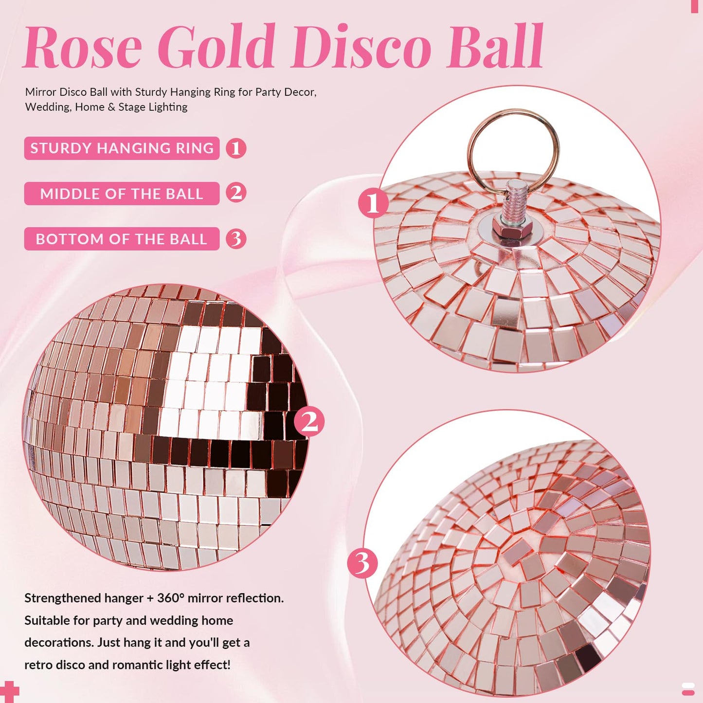 Mirror Ball for Disco DJ Club Party Wedding Home Decor, Muscab 8 Inch Disco Ball with Hanging Ring, Rose Gold